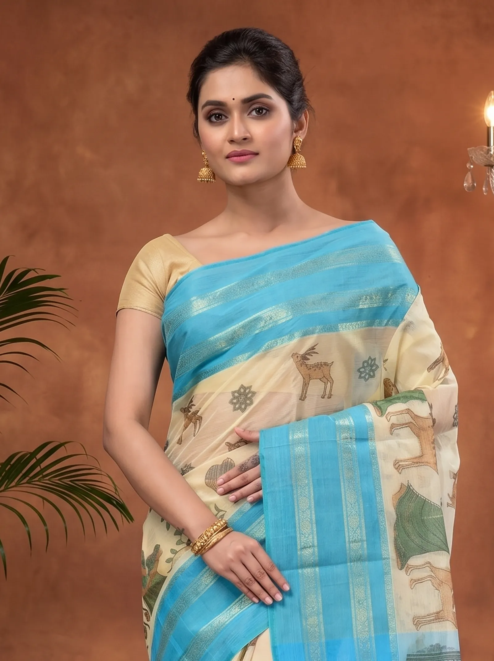 DipDiya Pure Cotton  Traditional Bengali Blue Artisan Crafted Sakuntala Printed Tant Saree