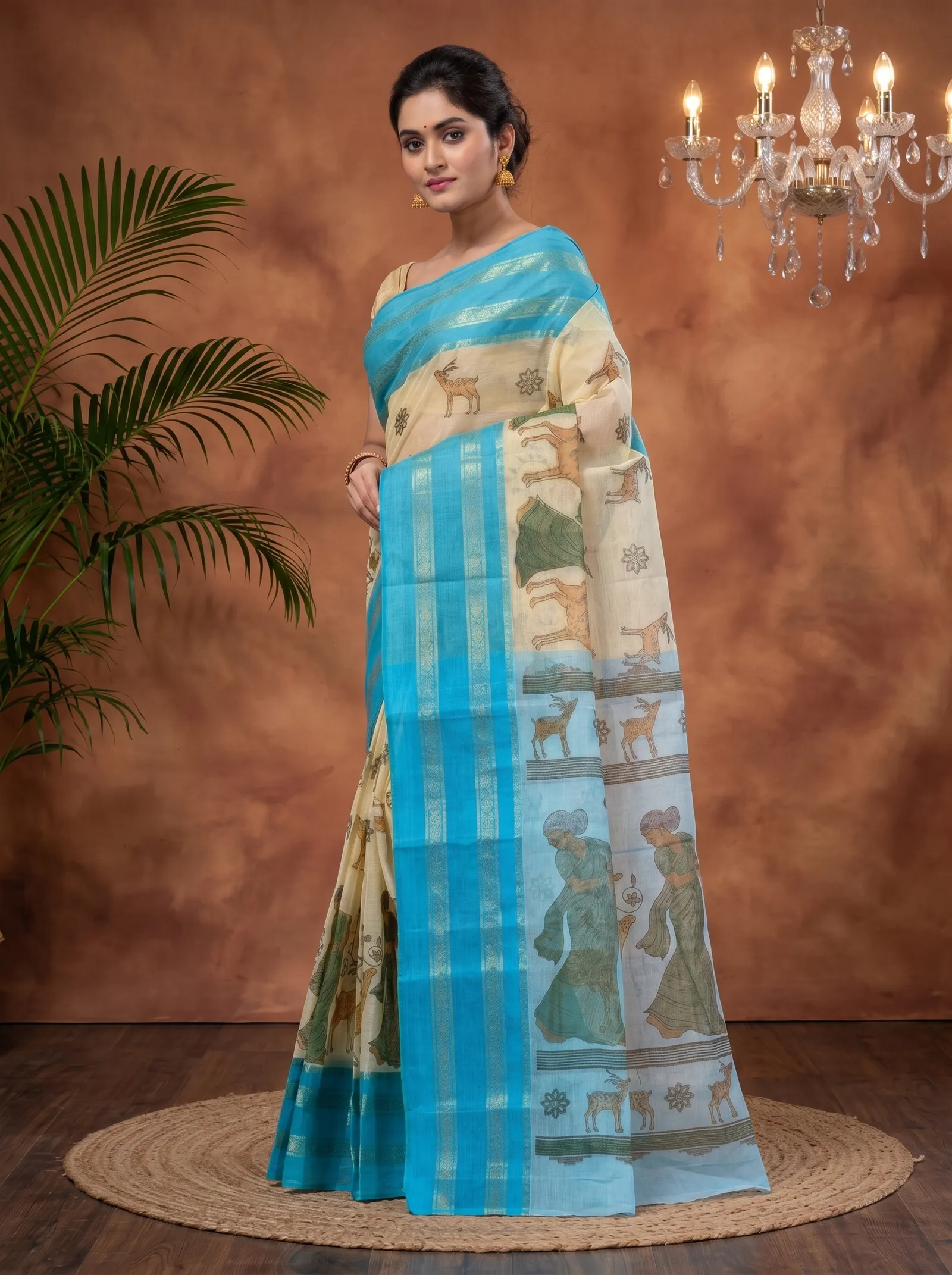 DipDiya Pure Cotton  Traditional Bengali Blue Artisan Crafted Sakuntala Printed Tant Saree