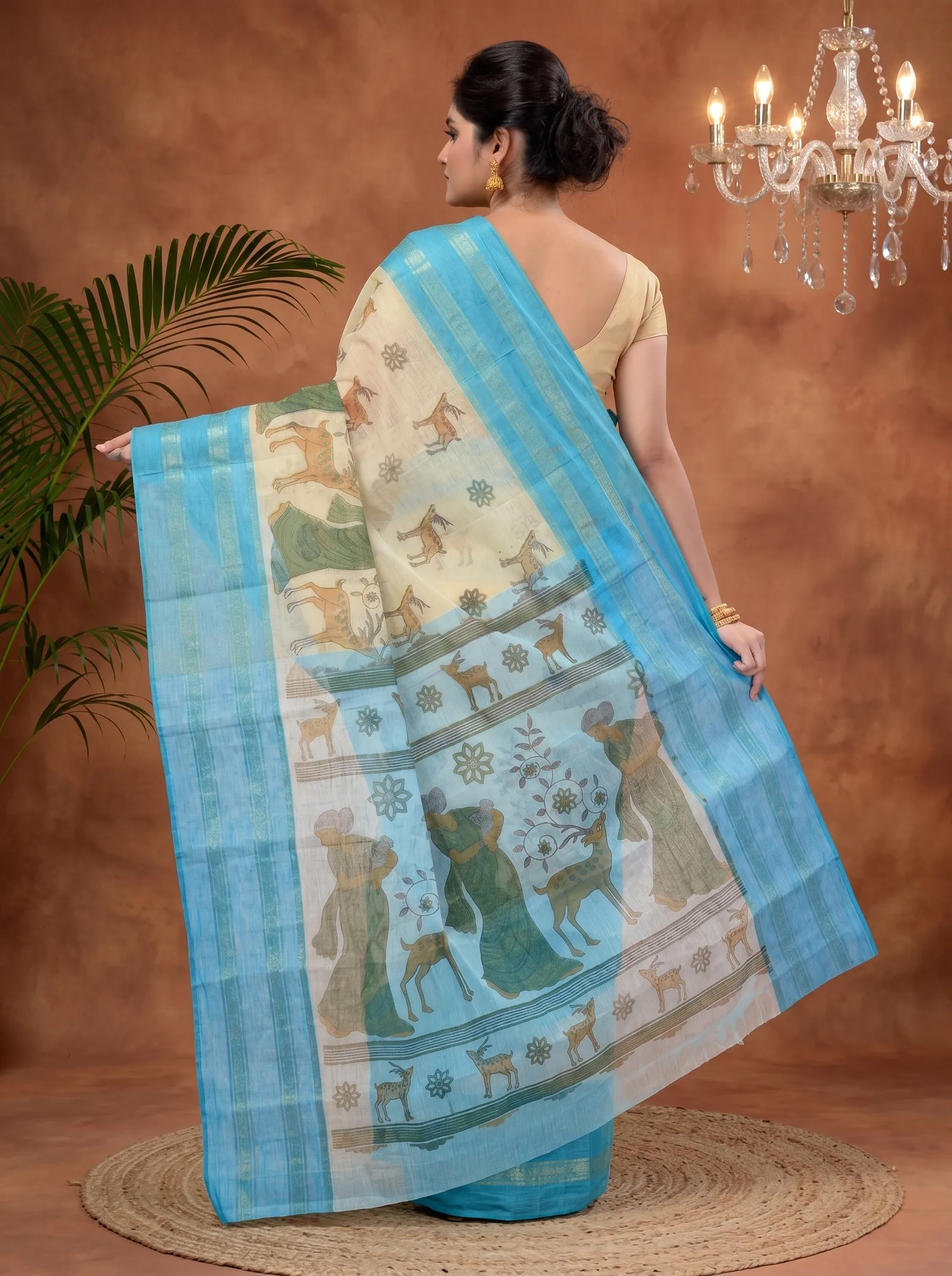DipDiya Pure Cotton  Traditional Bengali Blue Artisan Crafted Sakuntala Printed Tant Saree