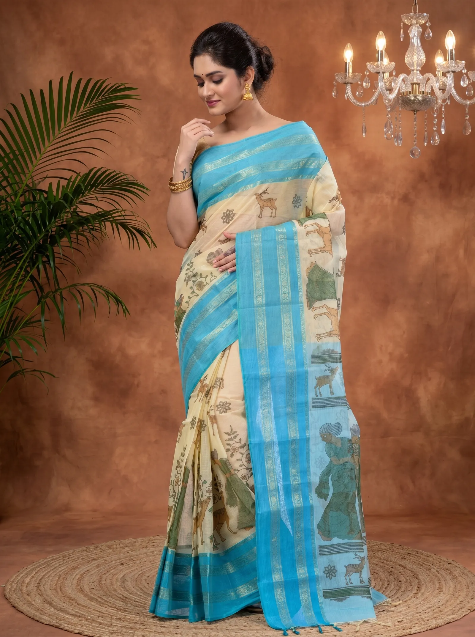 DipDiya Pure Cotton  Traditional Bengali Blue Artisan Crafted Sakuntala Printed Tant Saree