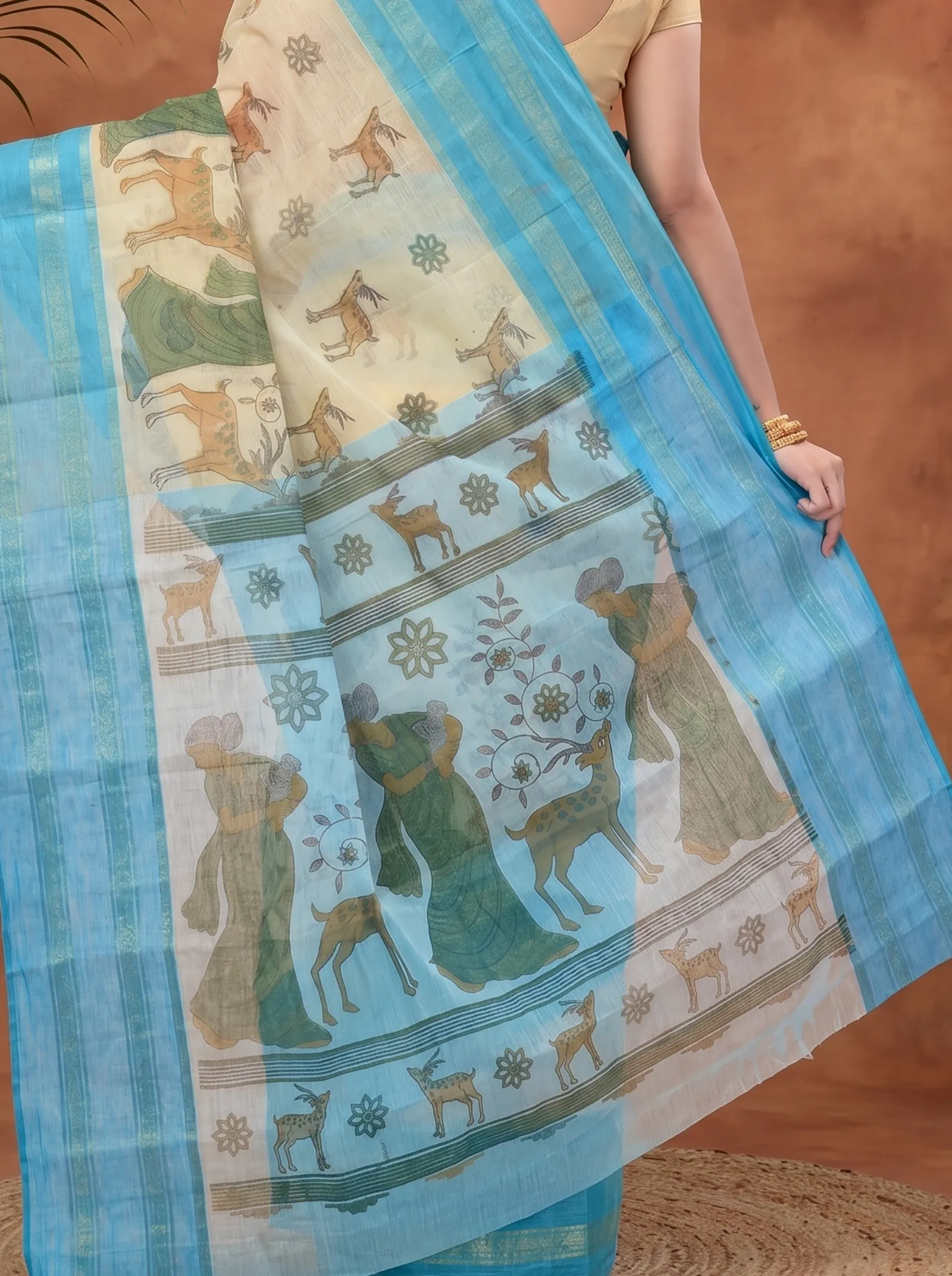 DipDiya Pure Cotton  Traditional Bengali Blue Artisan Crafted Sakuntala Printed Tant Saree