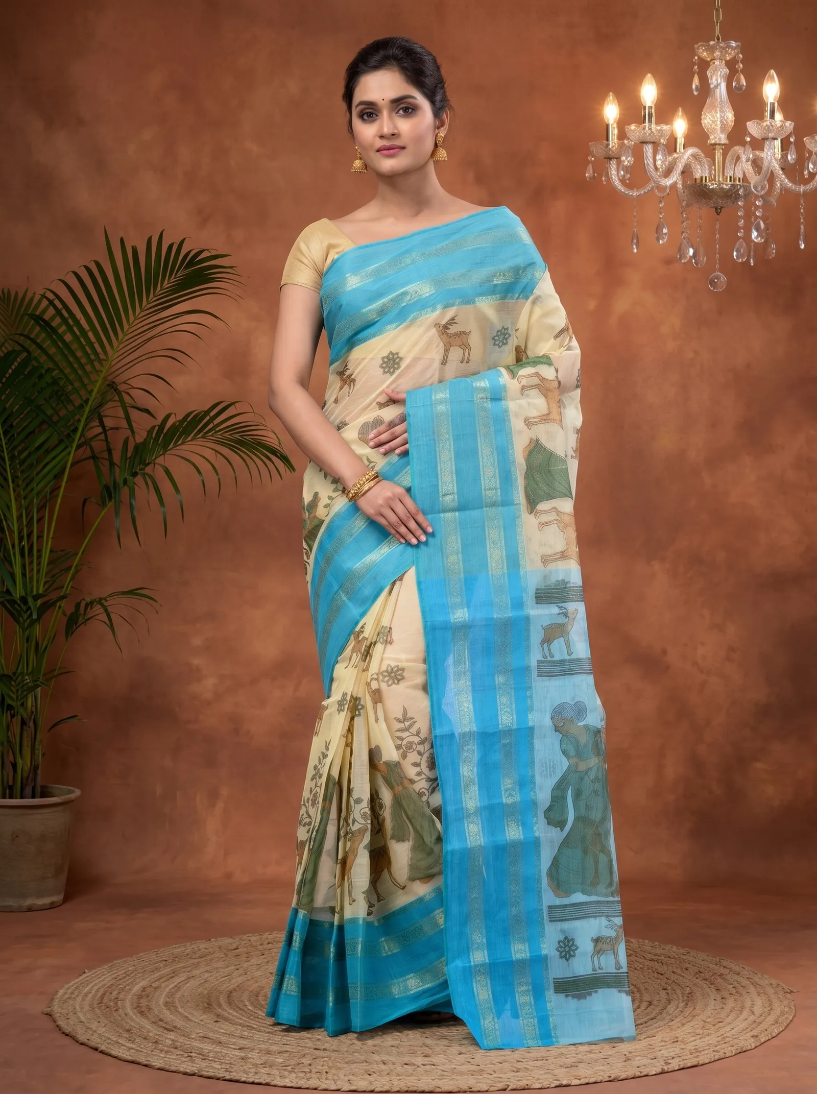 DipDiya Pure Cotton  Traditional Bengali Blue Artisan Crafted Sakuntala Printed Tant Saree