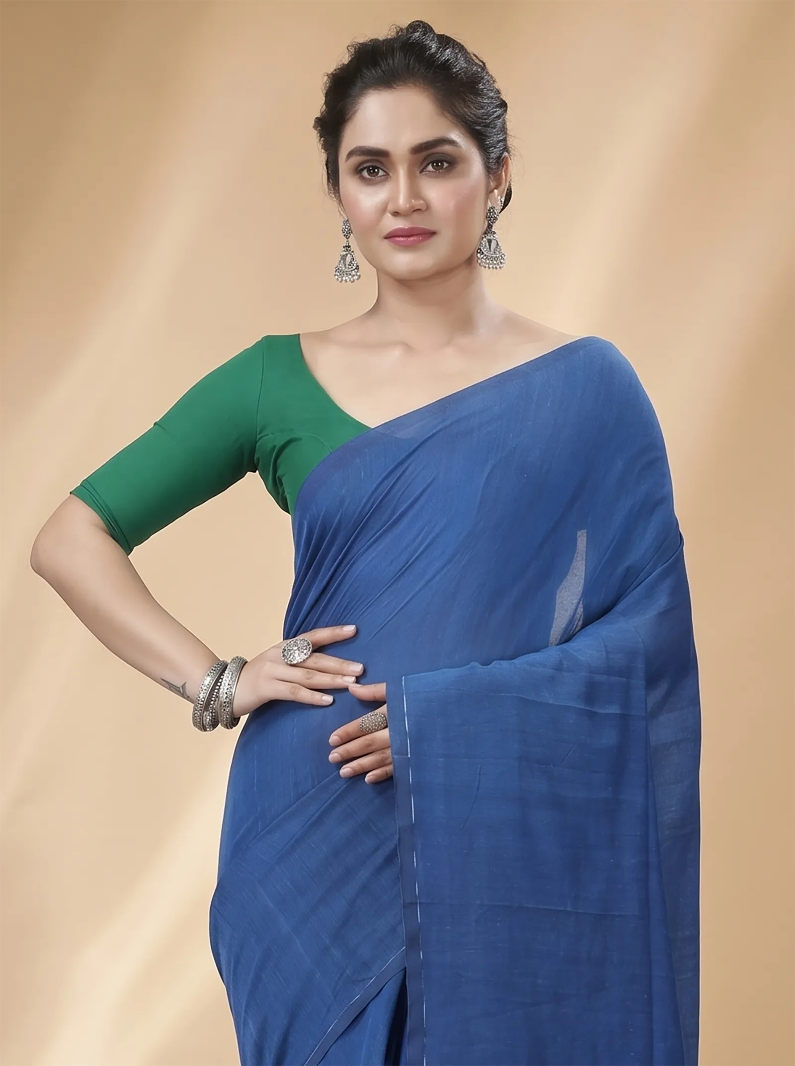 DipDiya Pure Cotton  Traditional Bengali Blue Artisan Crafted ThanKhadi Handloom Saree