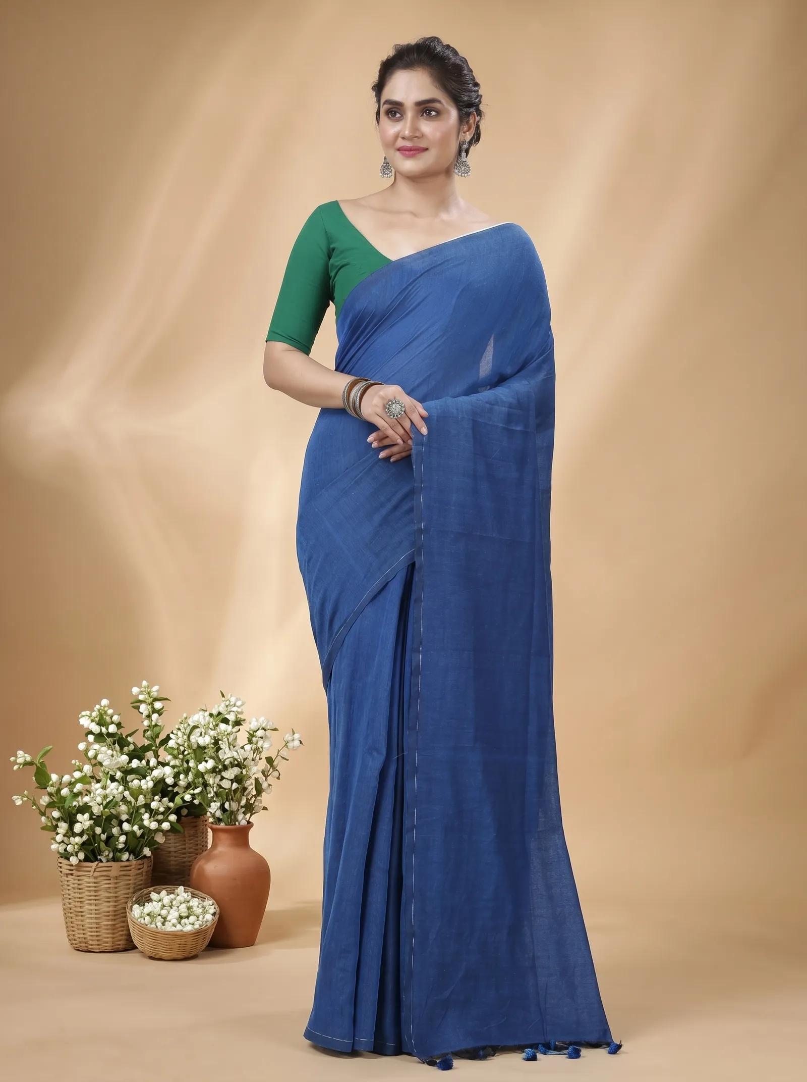 DipDiya Pure Cotton  Traditional Bengali Blue Artisan Crafted ThanKhadi Handloom Saree