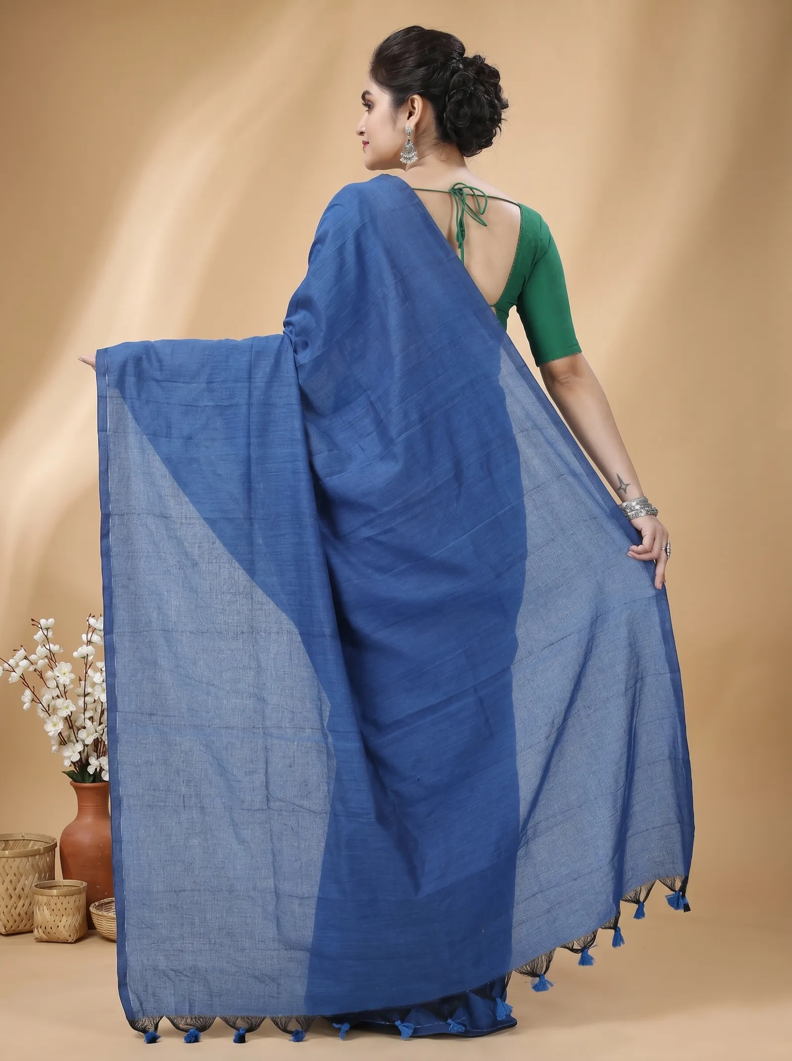 DipDiya Pure Cotton  Traditional Bengali Blue Artisan Crafted ThanKhadi Handloom Saree