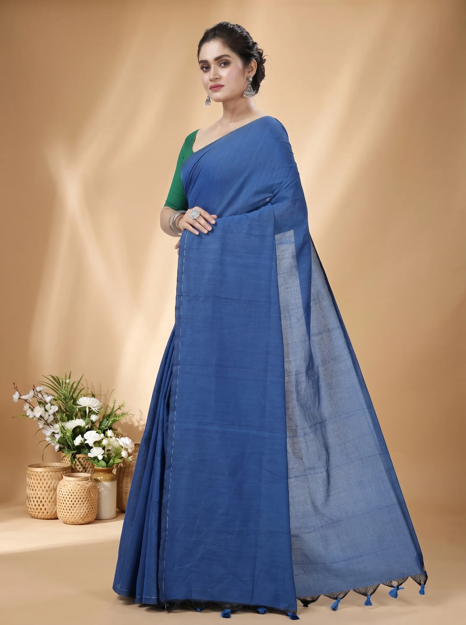 DipDiya Pure Cotton  Traditional Bengali Blue Artisan Crafted ThanKhadi Handloom Saree