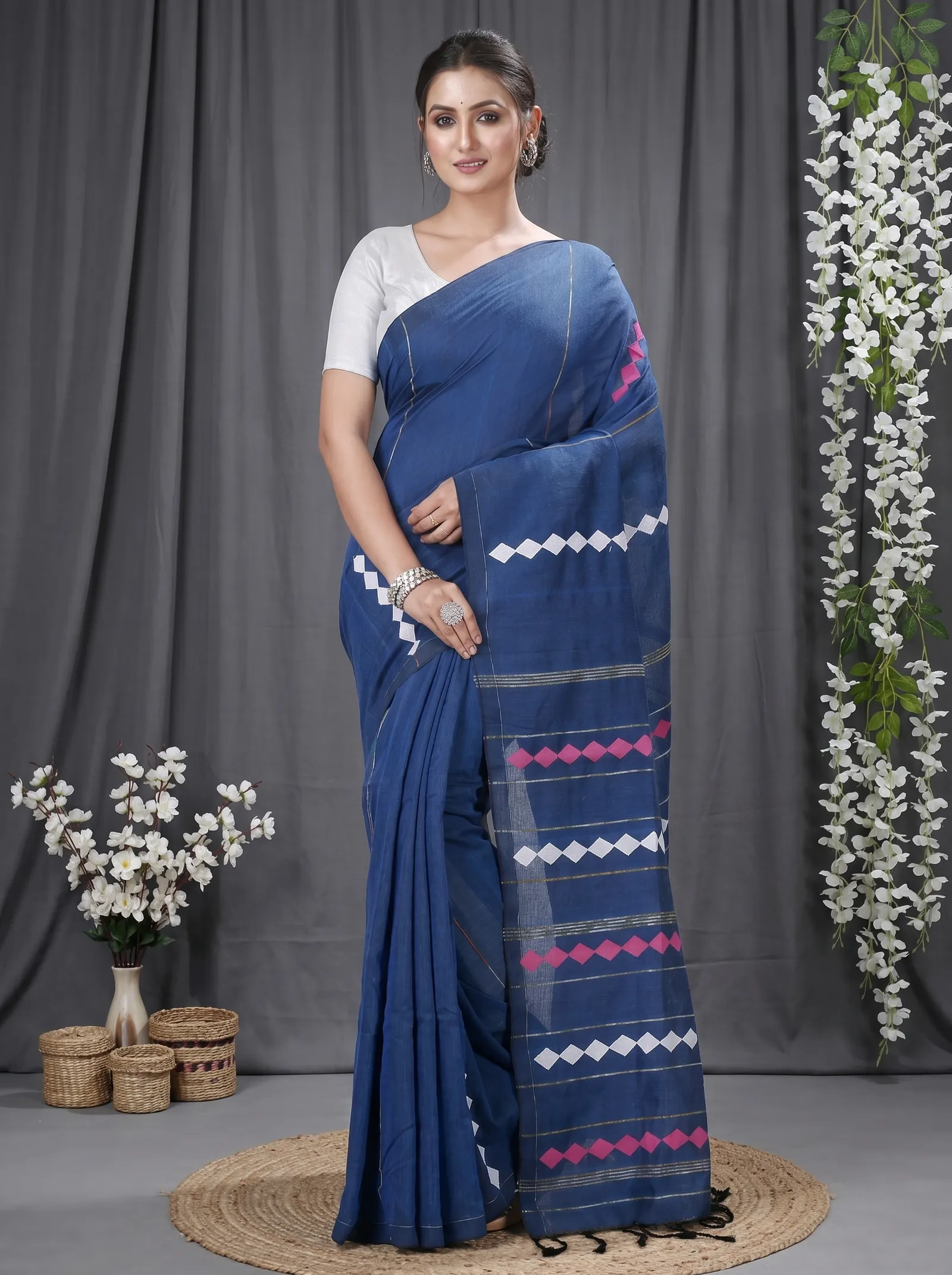 DipDiya Pure Cotton  Traditional Bengali Blue Artisan Crafted Tika Applique Saree