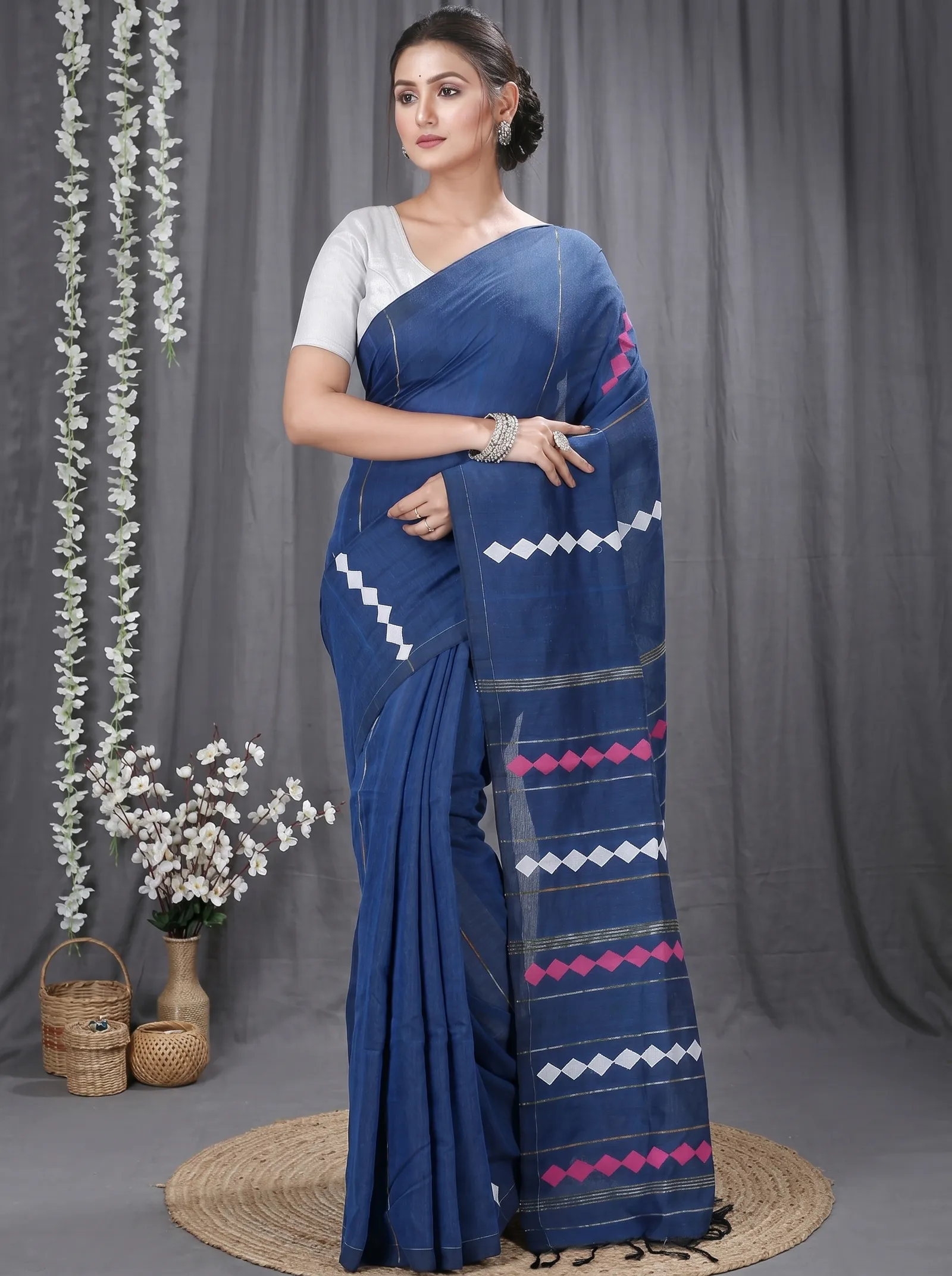 DipDiya Pure Cotton  Traditional Bengali Blue Artisan Crafted Tika Applique Saree