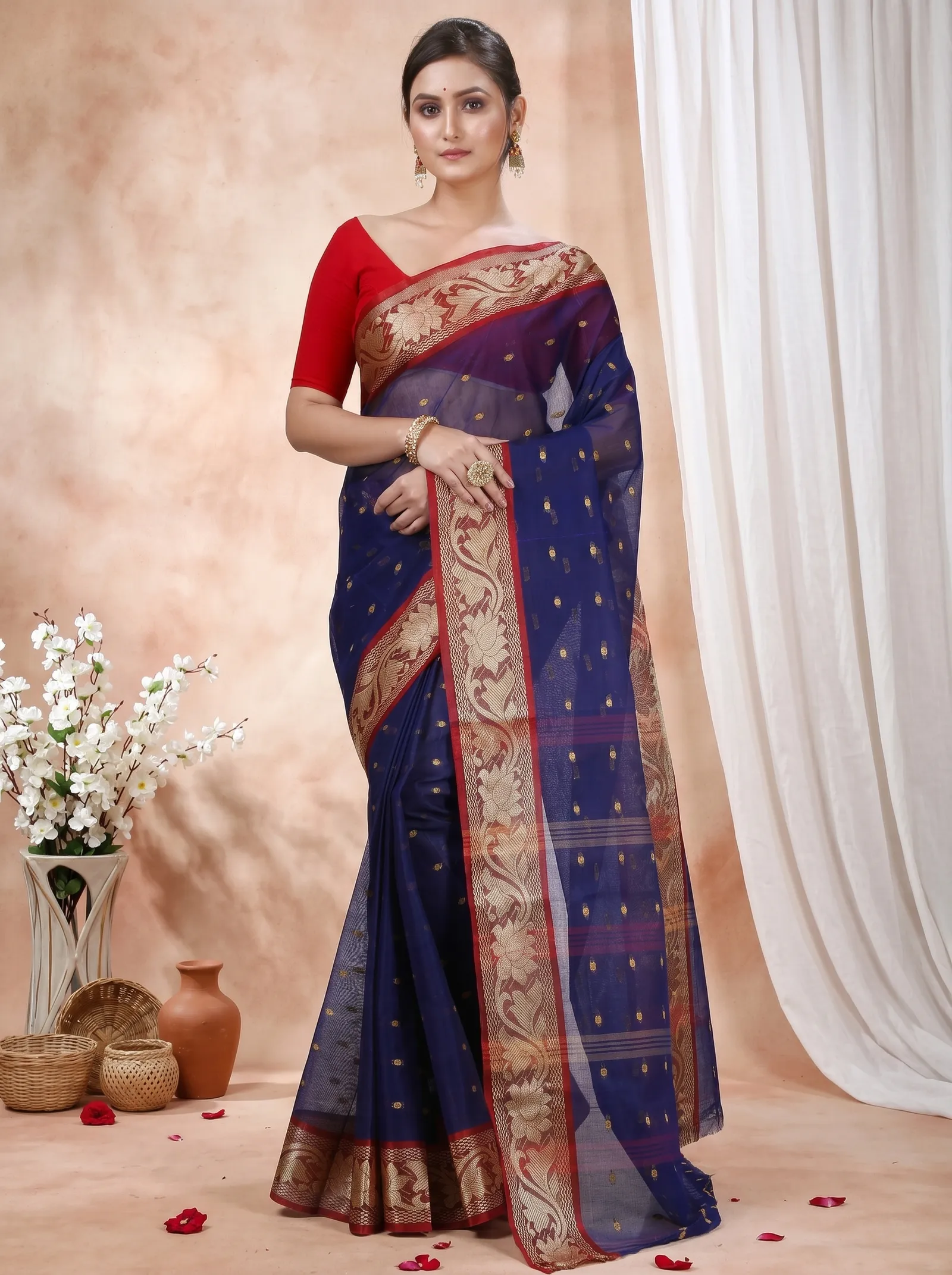 DipDiya Pure Cotton  Traditional Bengali Blue Artisan Crafted Unnati Tant Saree
