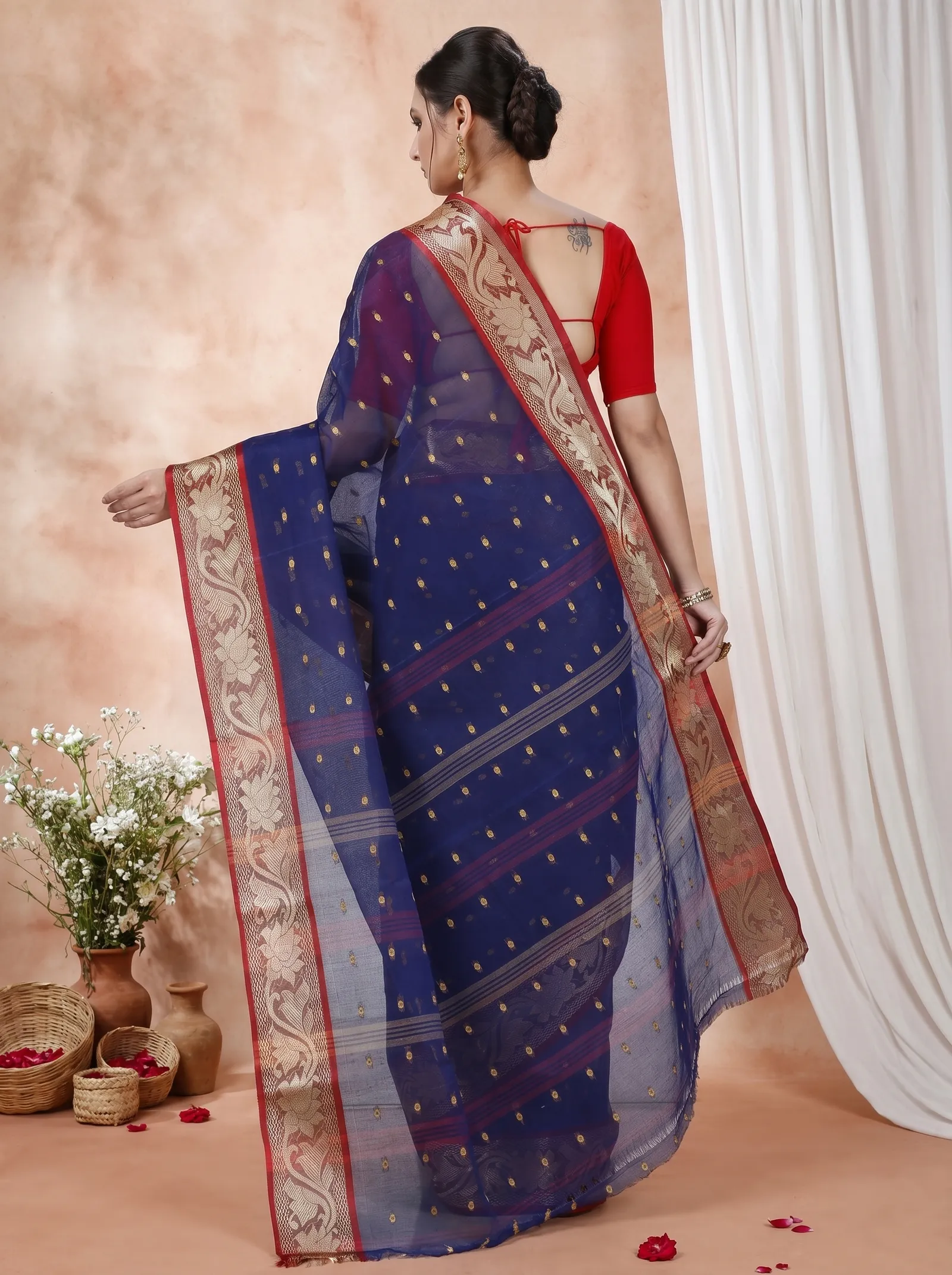DipDiya Pure Cotton  Traditional Bengali Blue Artisan Crafted Unnati Tant Saree