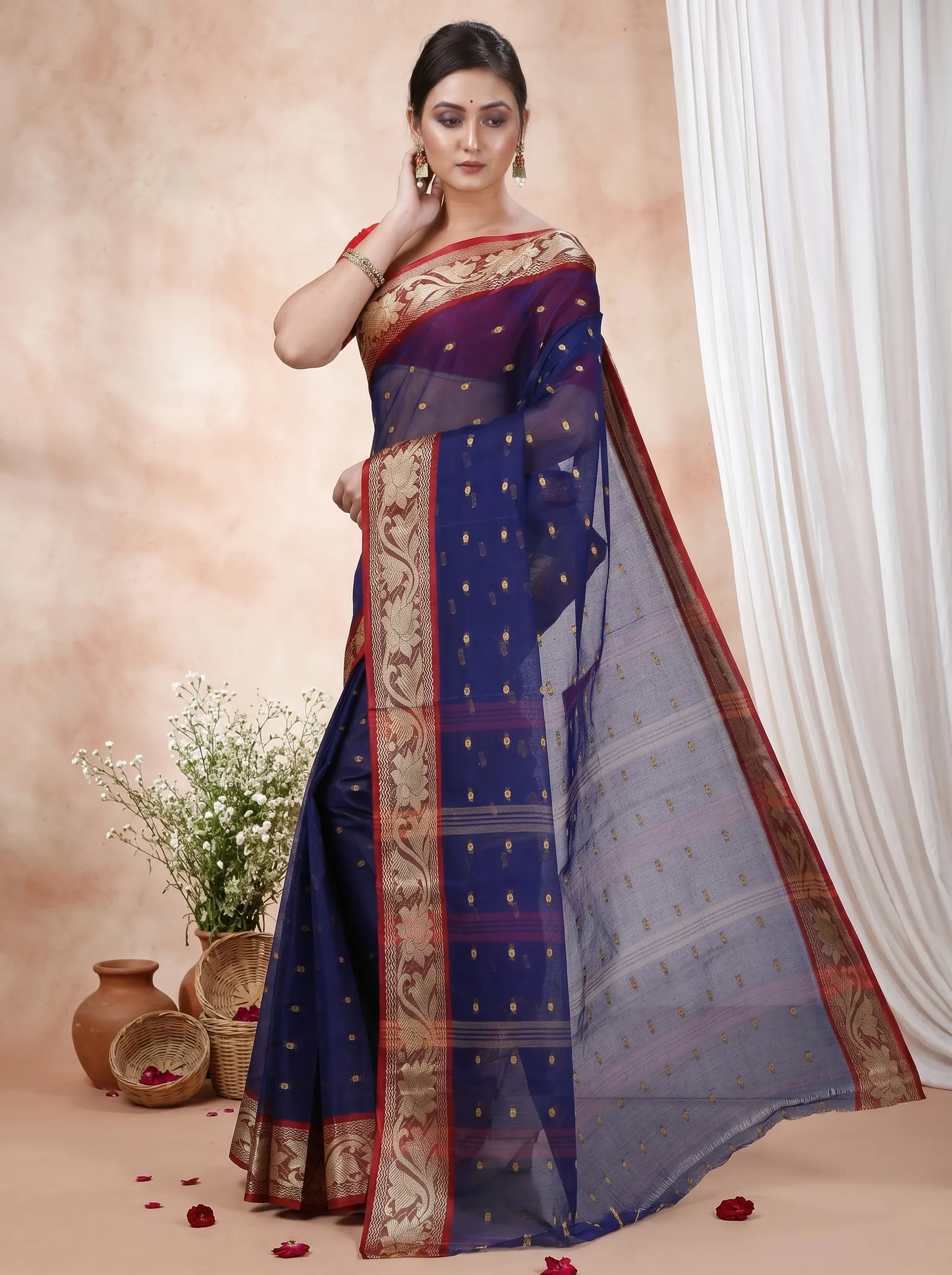 DipDiya Pure Cotton  Traditional Bengali Blue Artisan Crafted Unnati Tant Saree