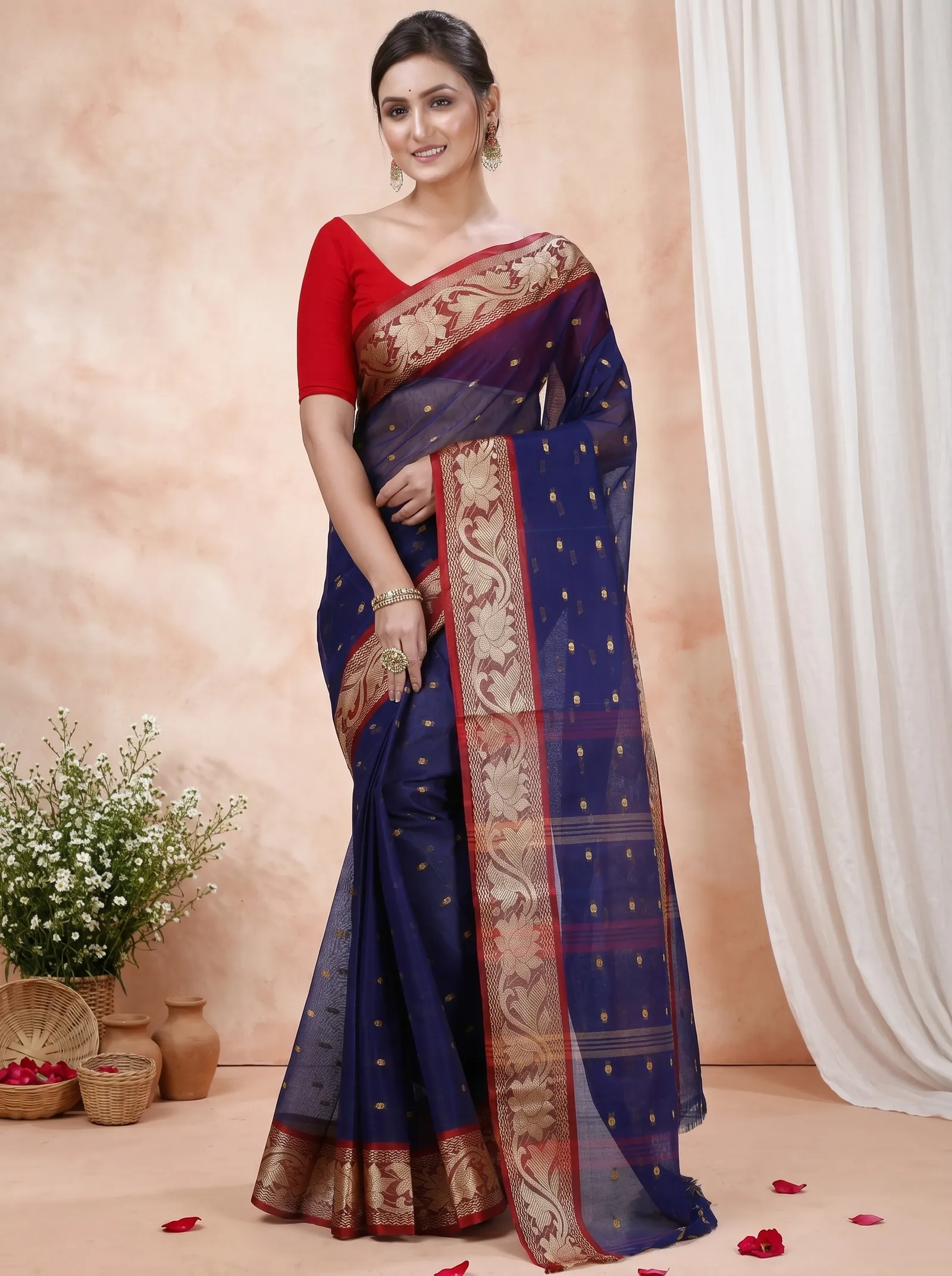 DipDiya Pure Cotton  Traditional Bengali Blue Artisan Crafted Unnati Tant Saree