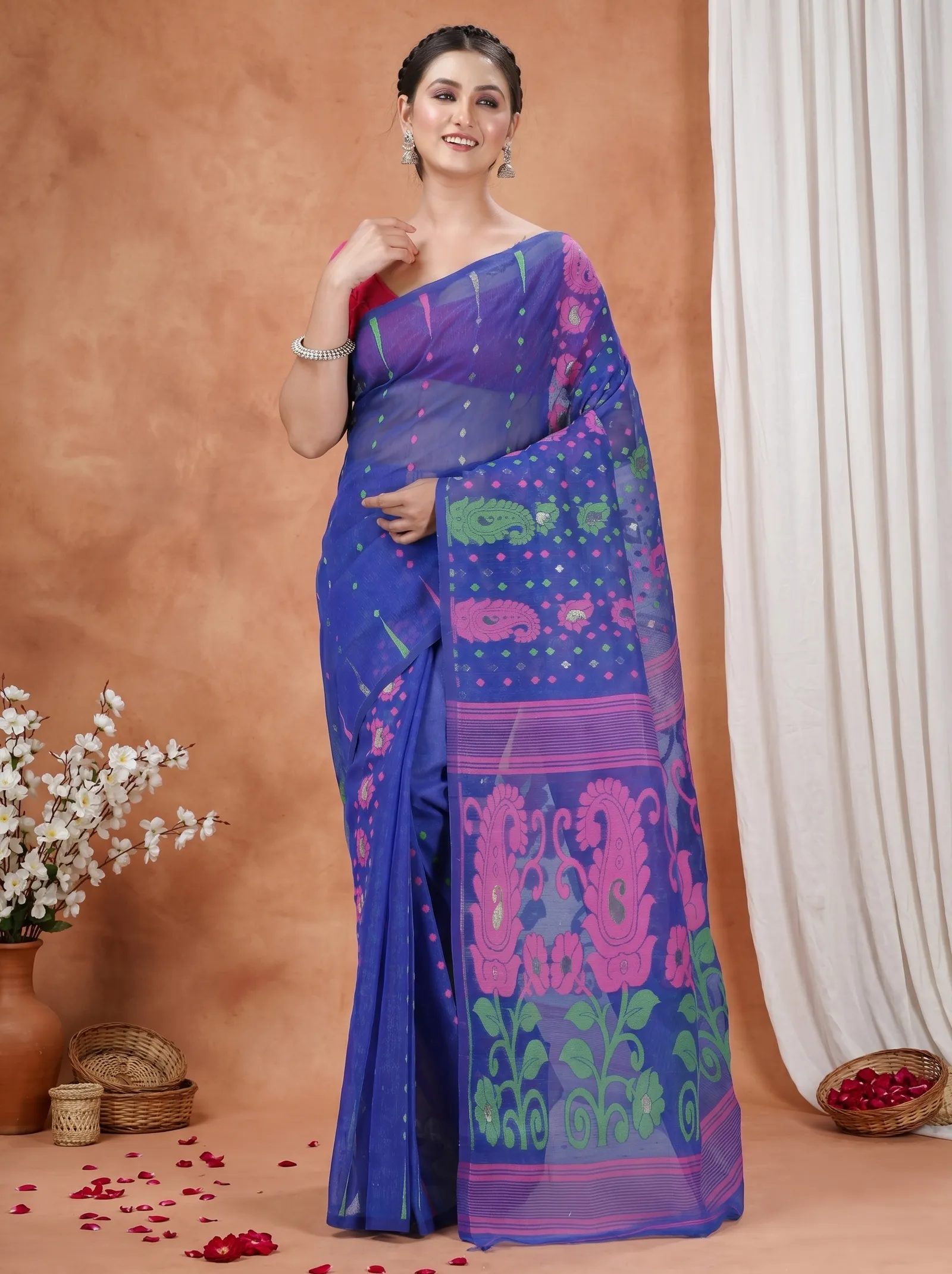DipDiya Pure Cotton  Traditional Bengali Blue Artisan Crafted Vani Jamdani Saree