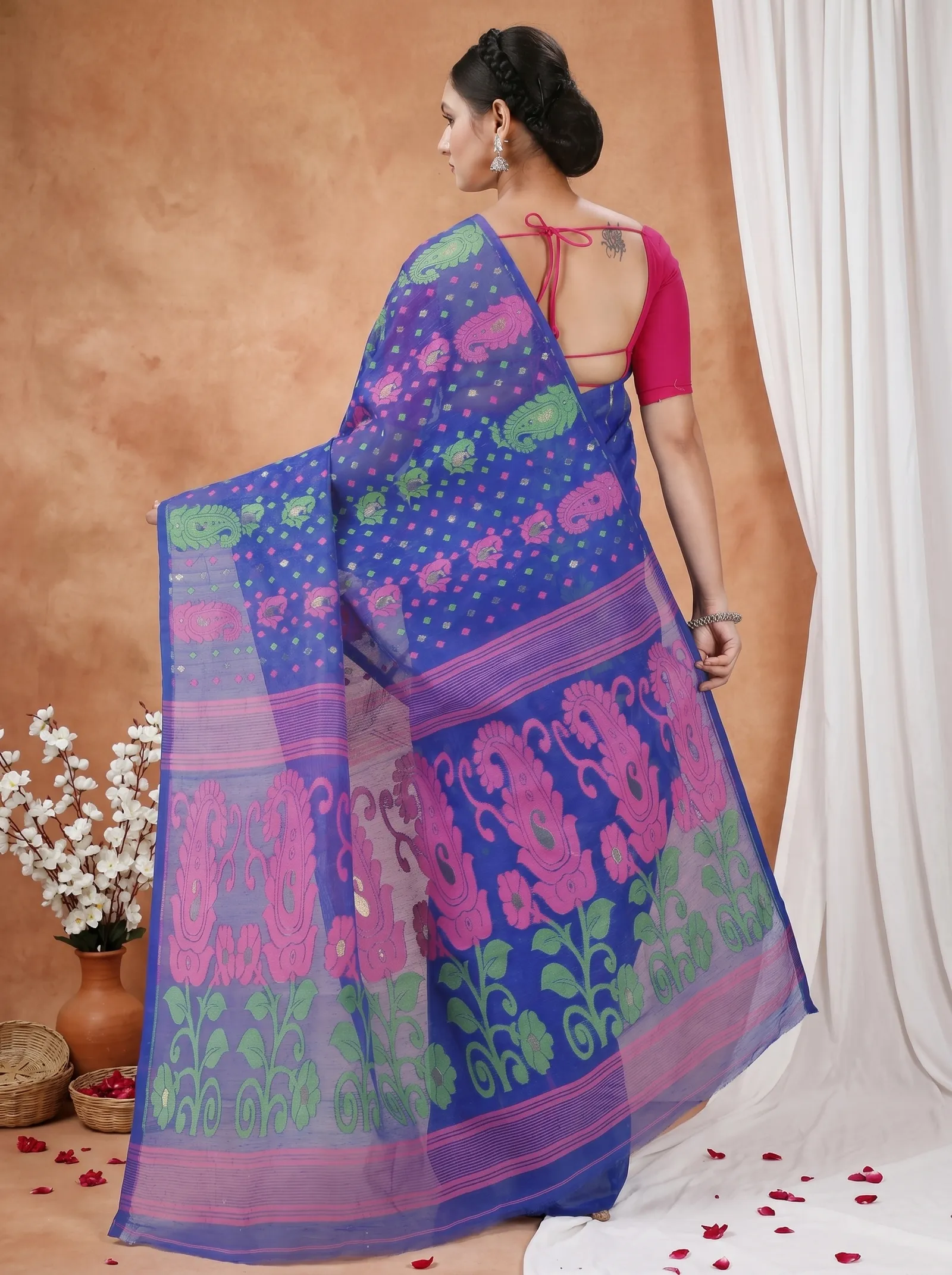 DipDiya Pure Cotton  Traditional Bengali Blue Artisan Crafted Vani Jamdani Saree