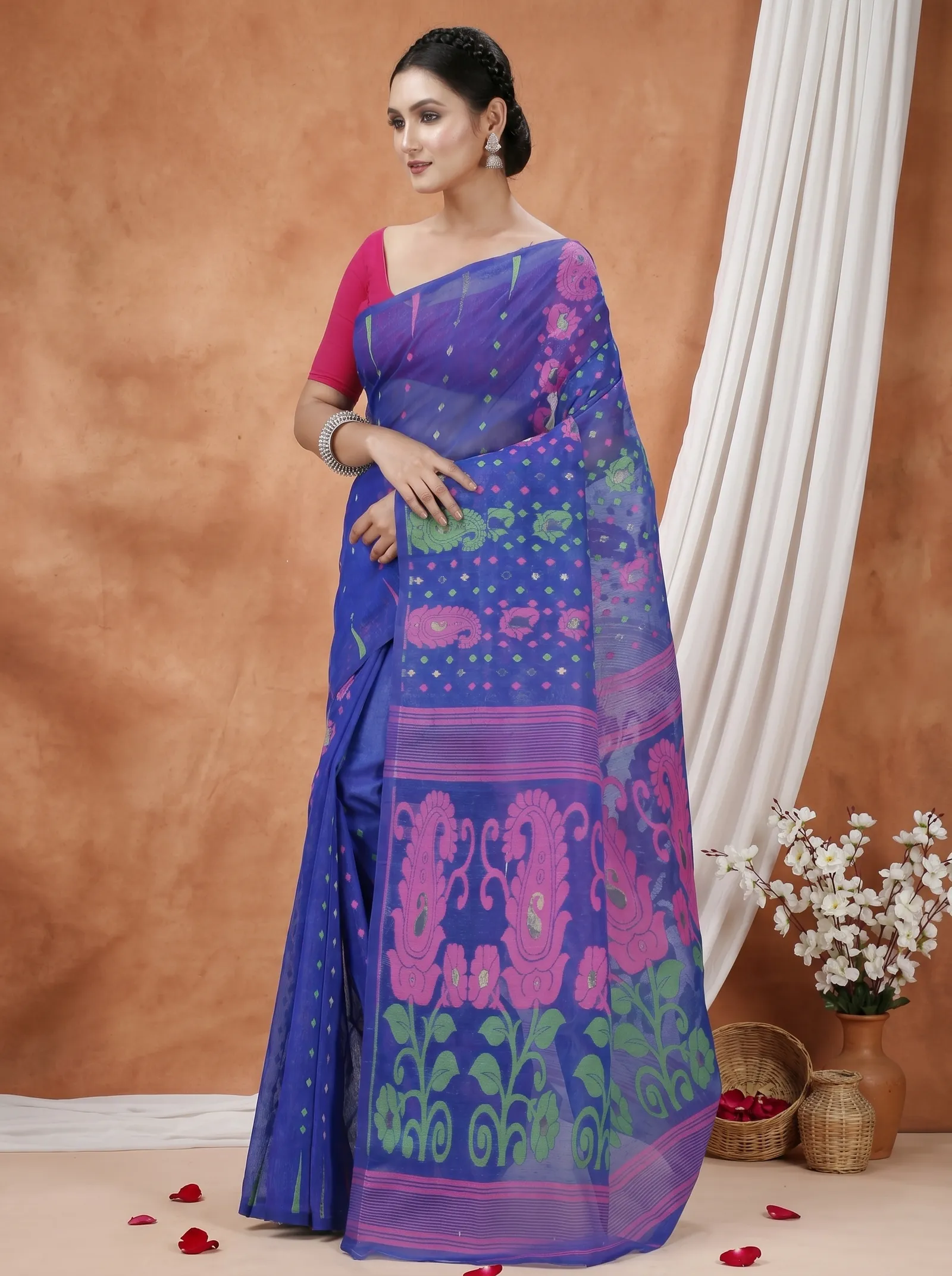 DipDiya Pure Cotton  Traditional Bengali Blue Artisan Crafted Vani Jamdani Saree