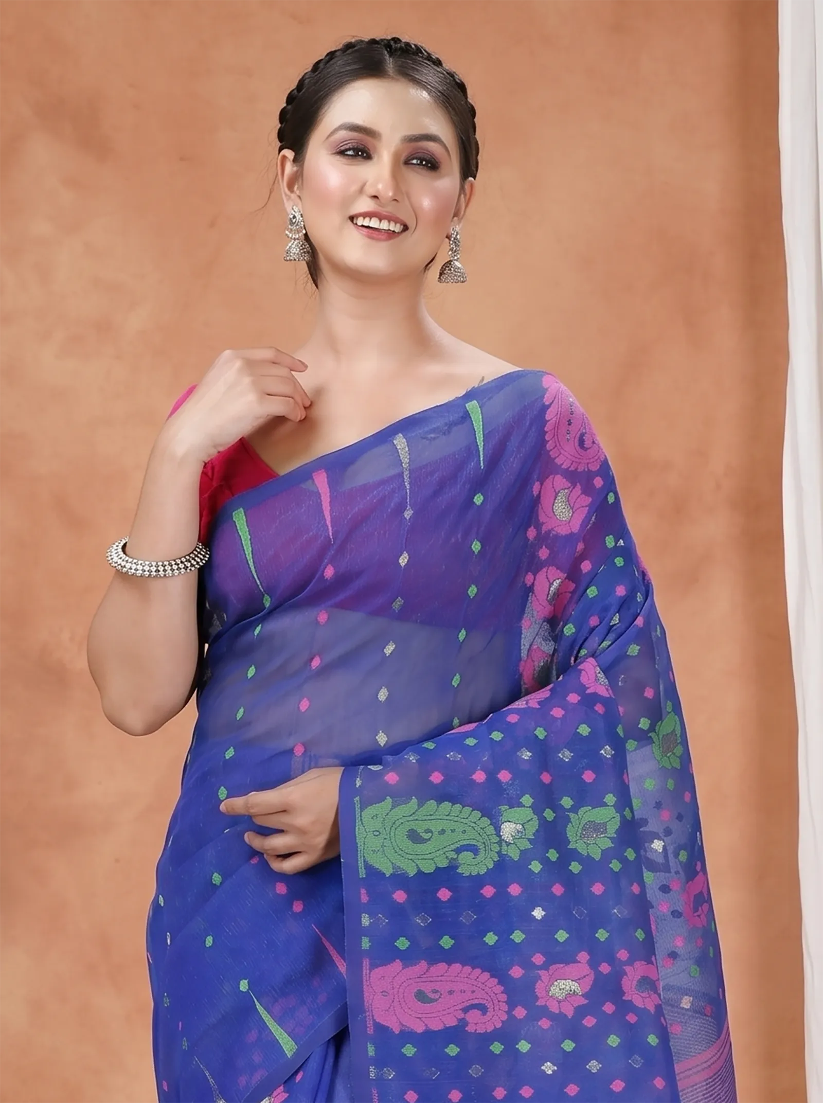 DipDiya Pure Cotton  Traditional Bengali Blue Artisan Crafted Vani Jamdani Saree