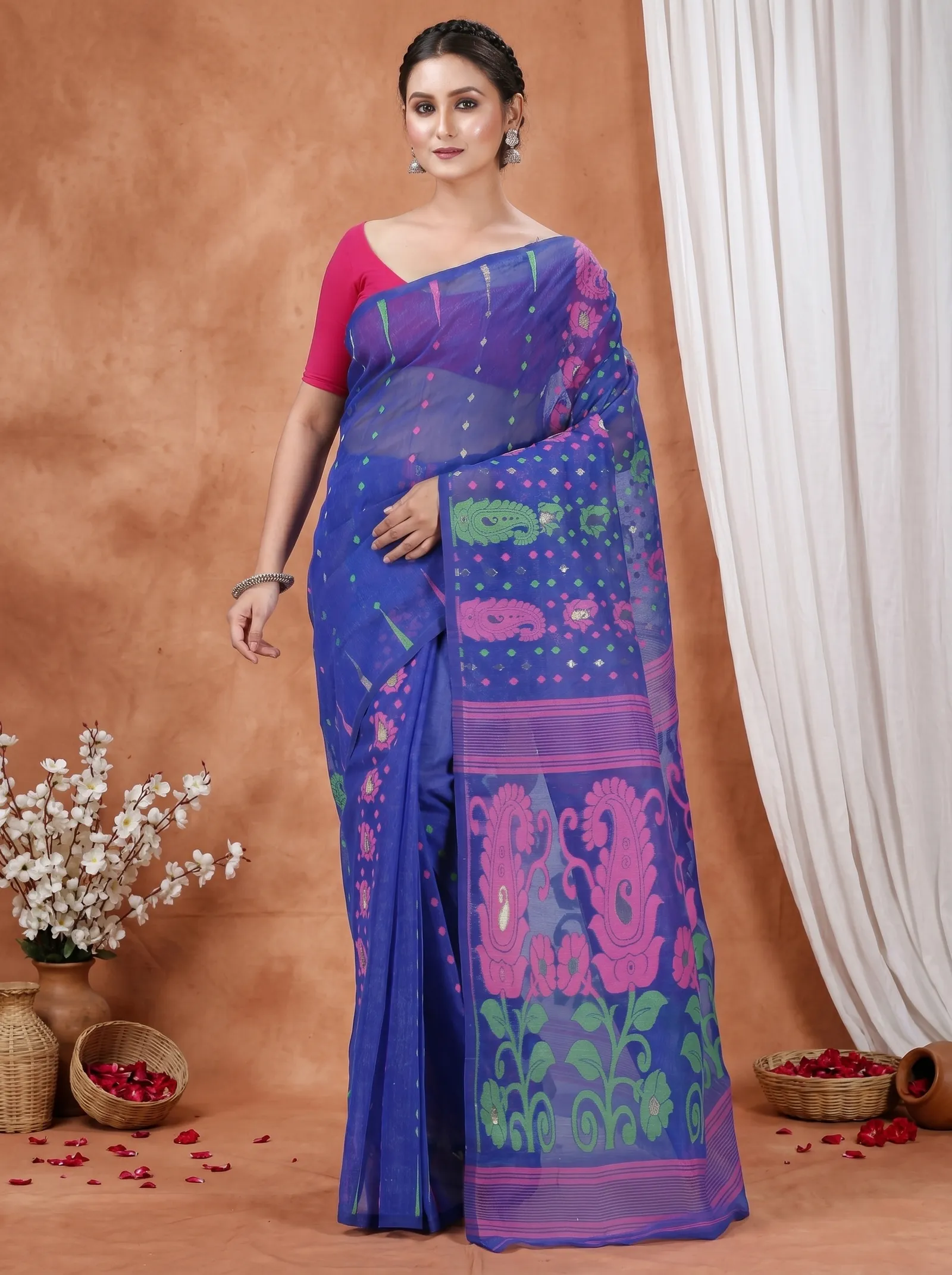DipDiya Pure Cotton  Traditional Bengali Blue Artisan Crafted Vani Jamdani Saree