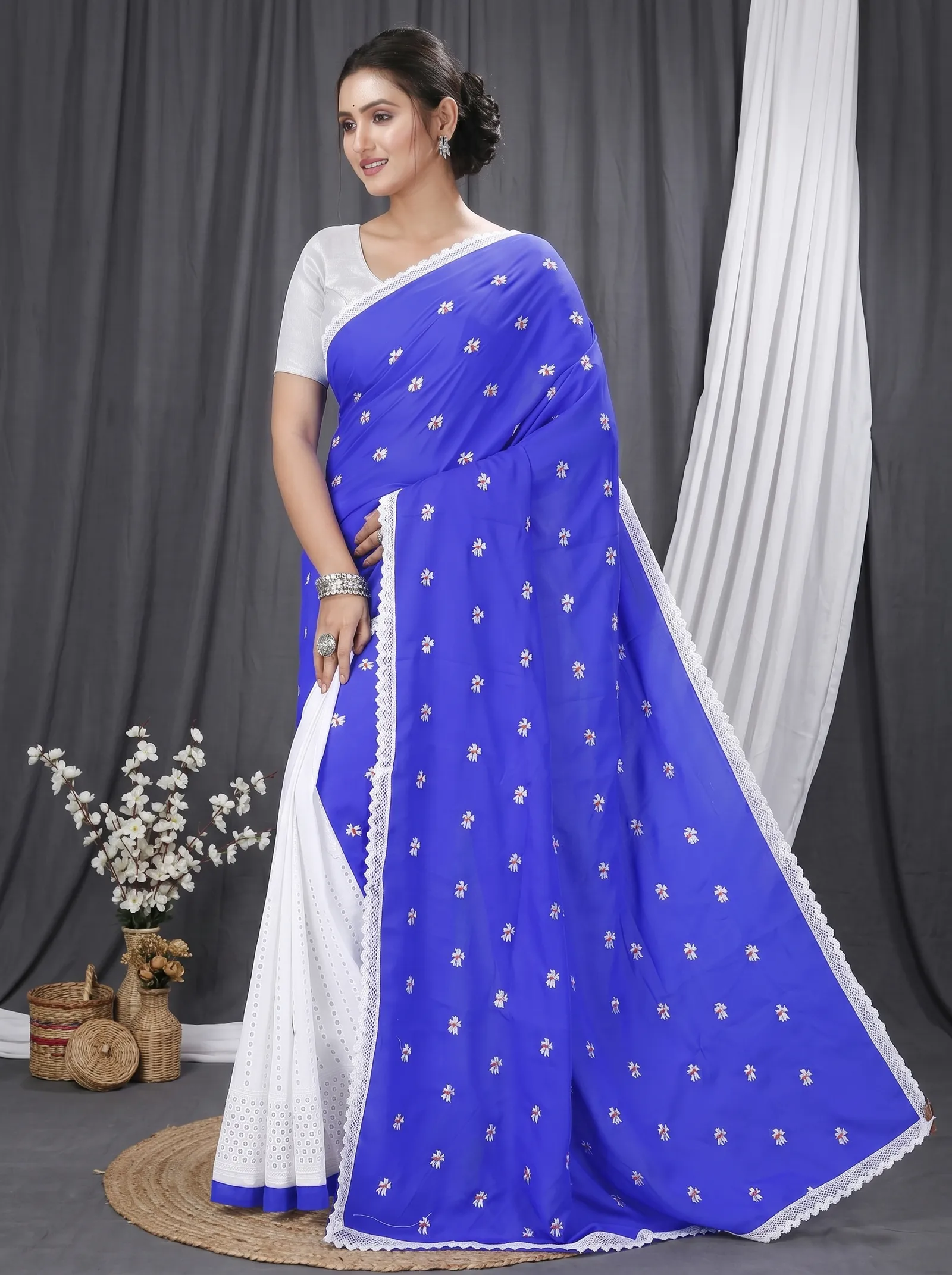 DipDiya Pure Cotton  Traditional Bengali Blue White Artisan Crafted LalPori Handloom Saree