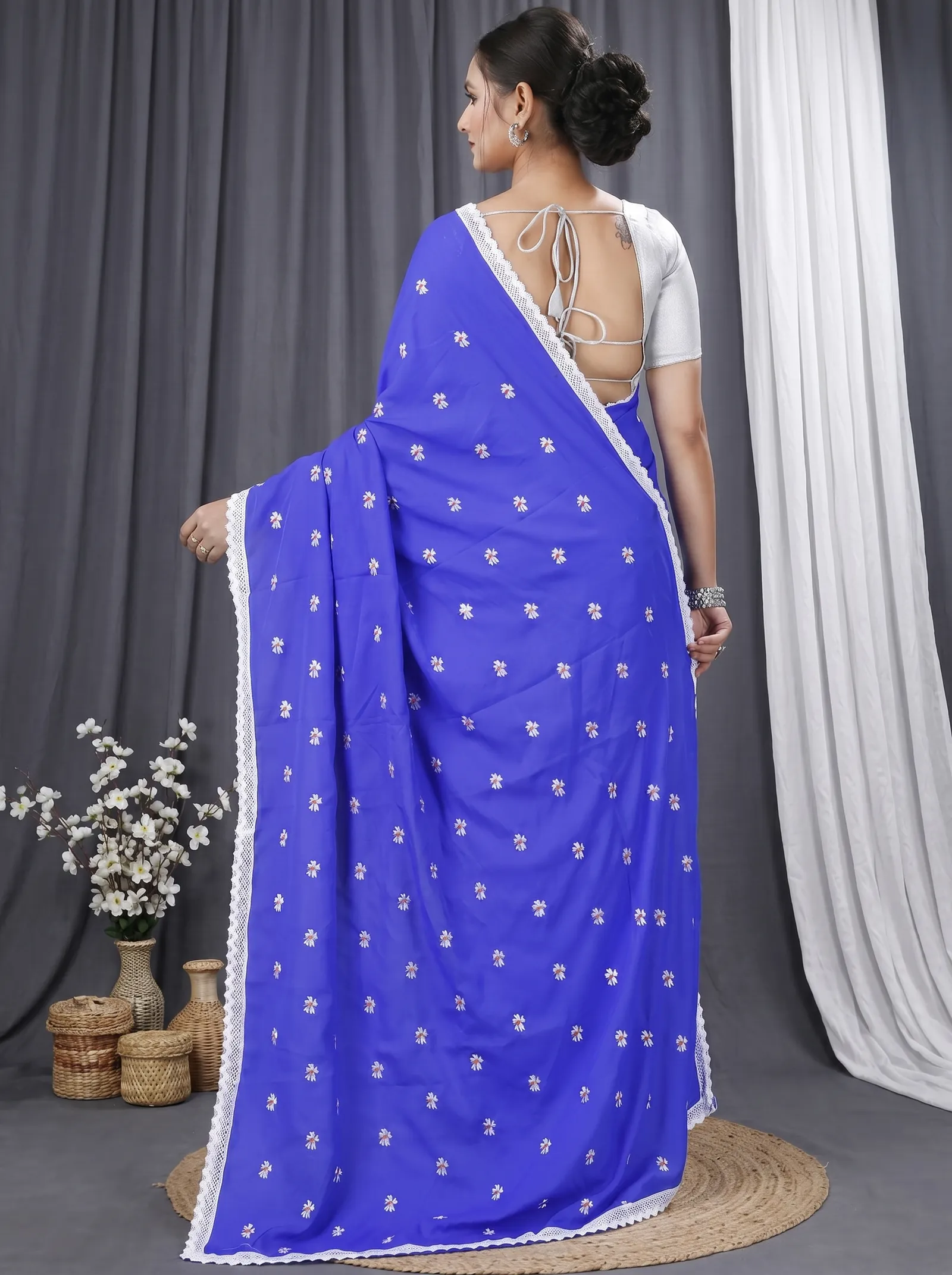 DipDiya Pure Cotton  Traditional Bengali Blue White Artisan Crafted LalPori Handloom Saree