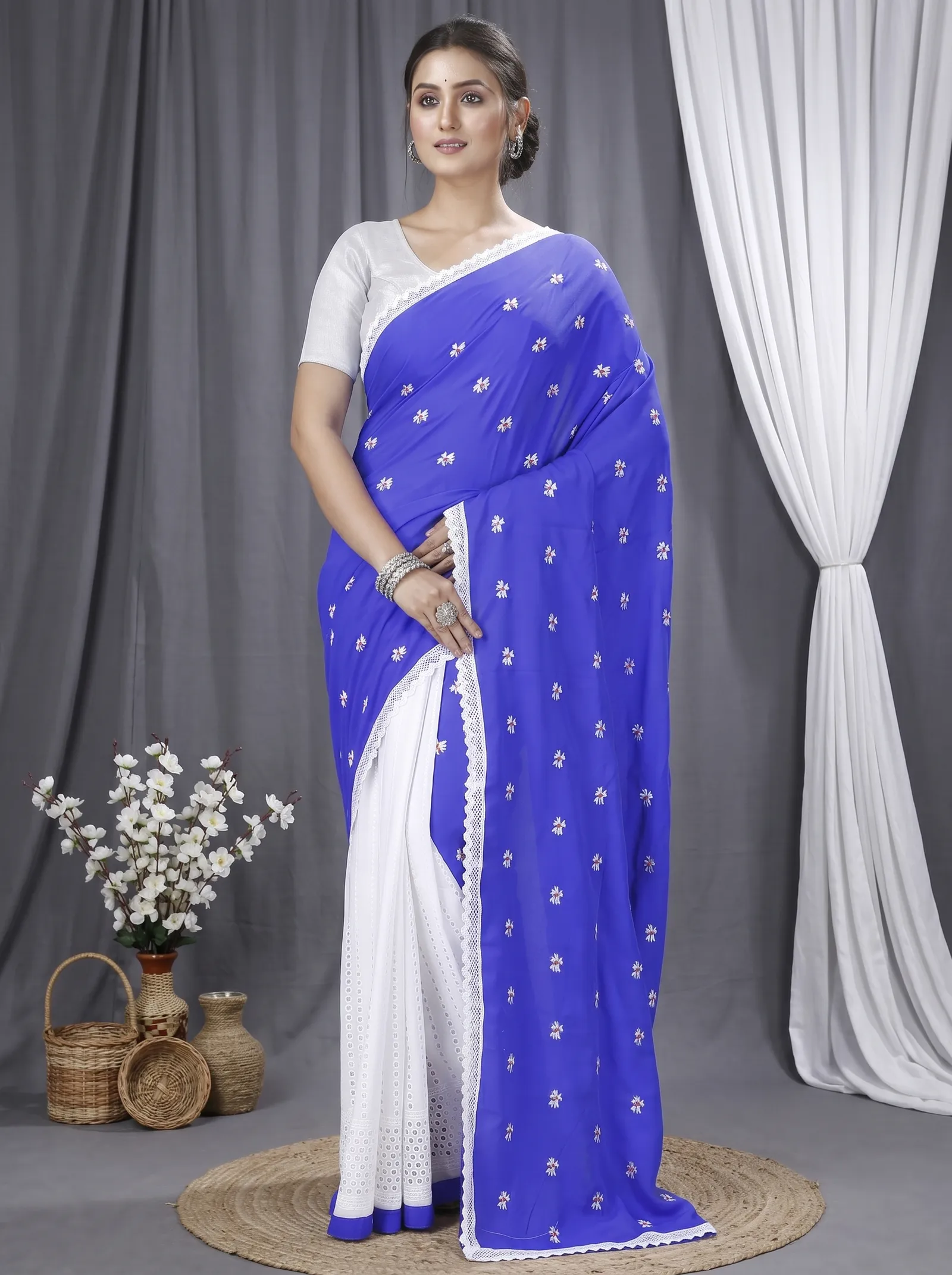DipDiya Pure Cotton  Traditional Bengali Blue White Artisan Crafted LalPori Handloom Saree