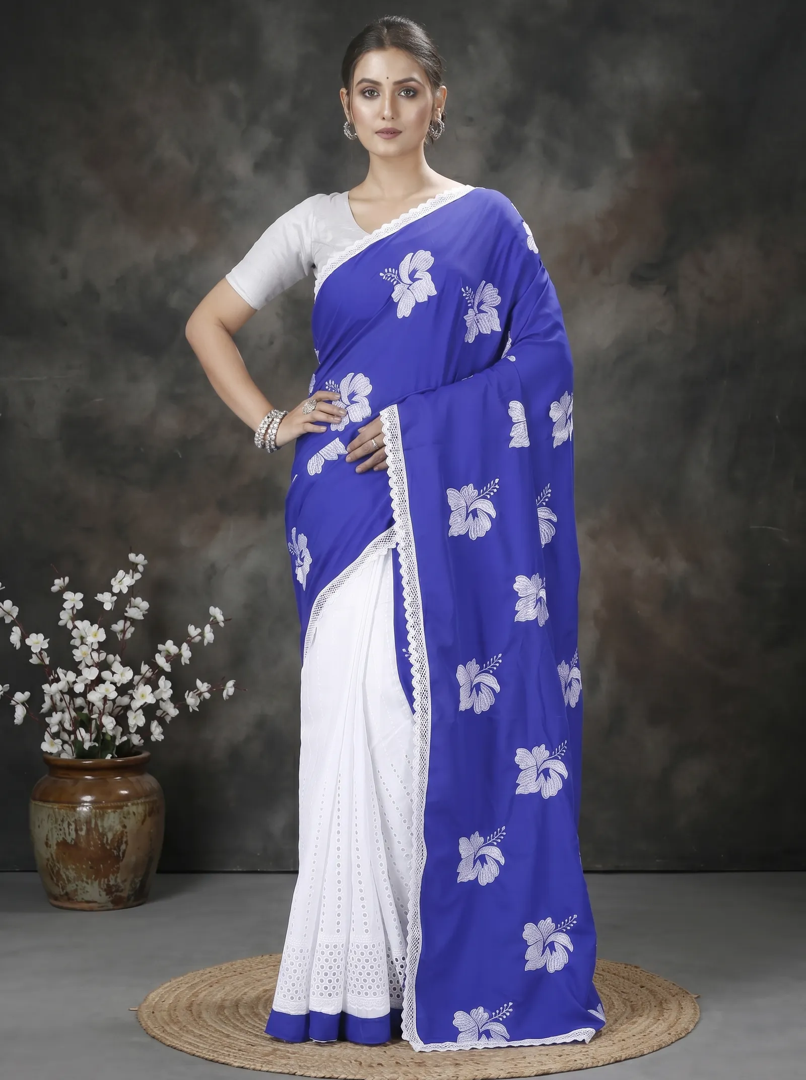 DipDiya Pure Cotton  Traditional Bengali Blue White Artisan Crafted Teru Handloom Saree