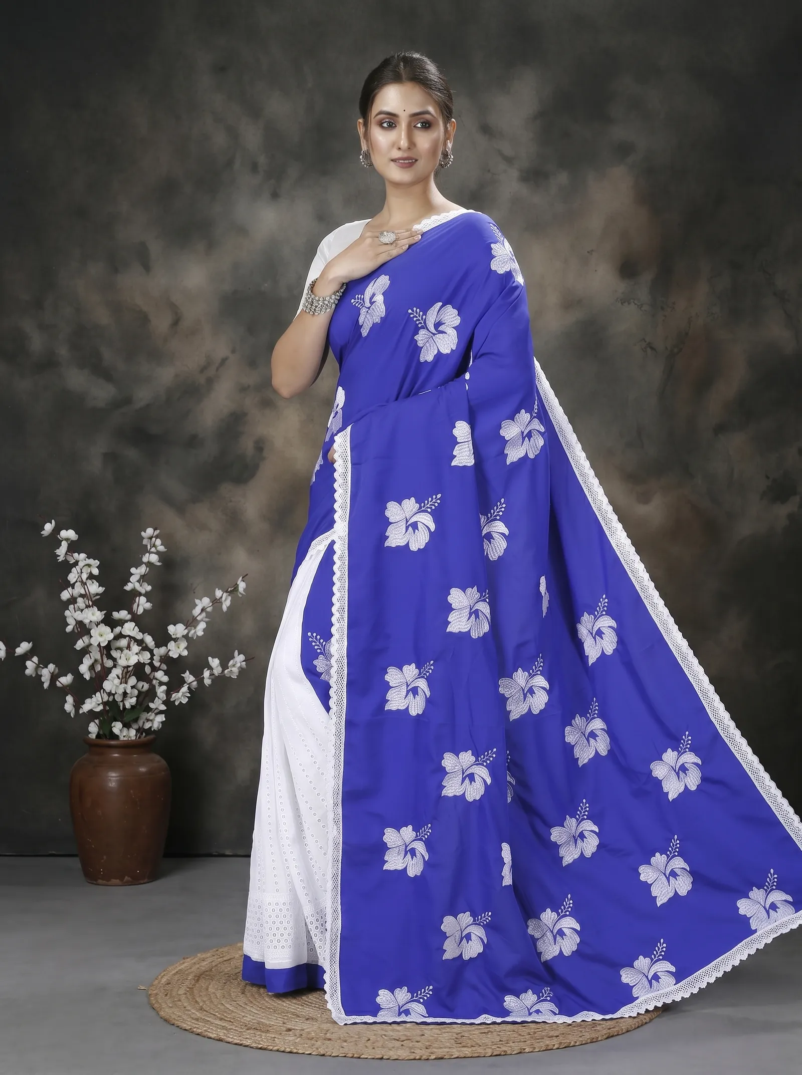 DipDiya Pure Cotton  Traditional Bengali Blue White Artisan Crafted Teru Handloom Saree