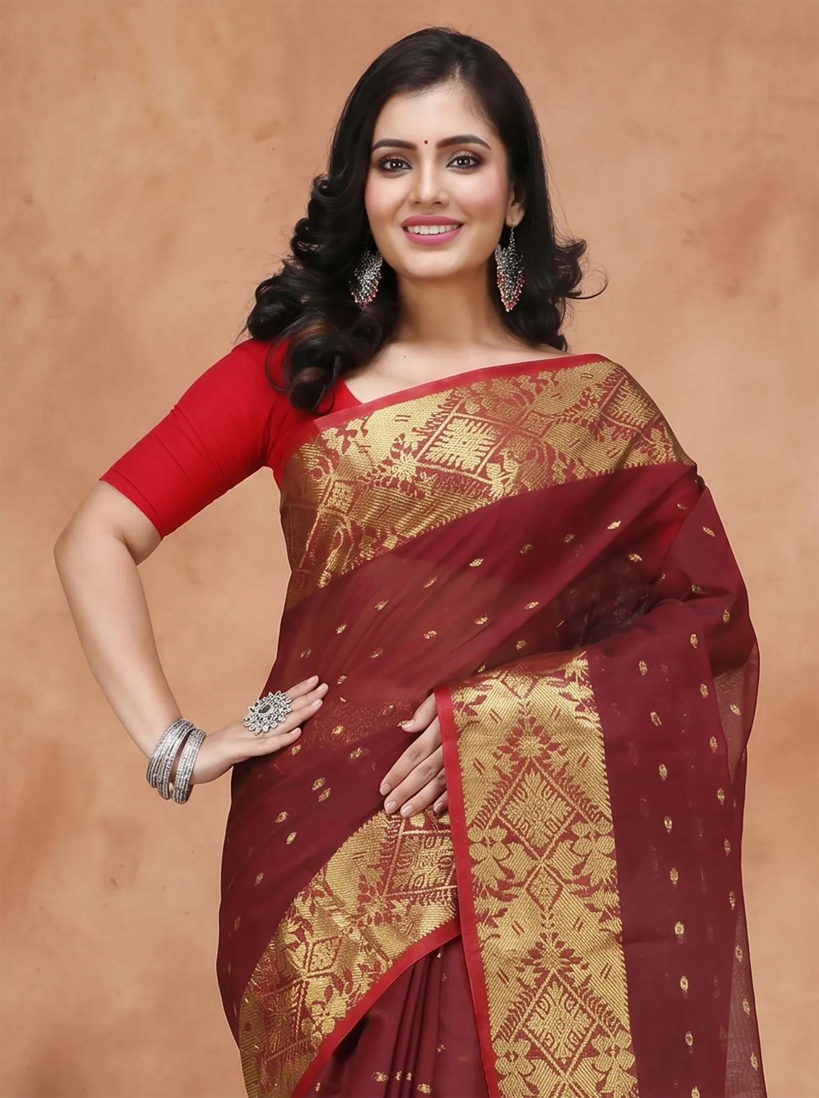 DipDiya Pure Cotton  Traditional Bengali Brown Artisan Crafted Gopa Tant Saree