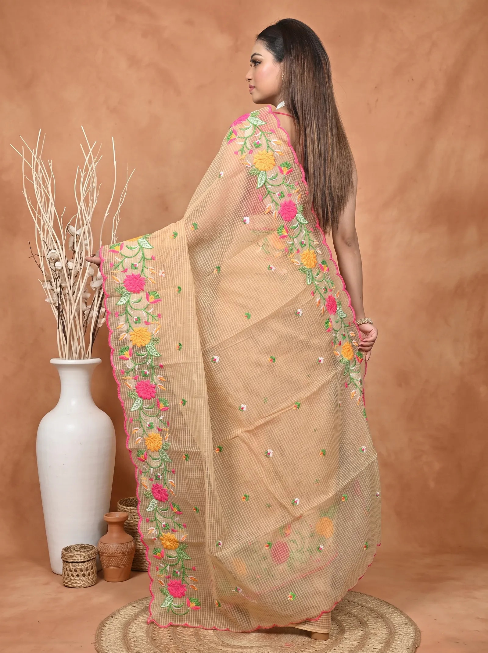 DipDiya Pure Cotton  Traditional Bengali Brown Artisan Crafted Kotambo Kota Embroidery Saree