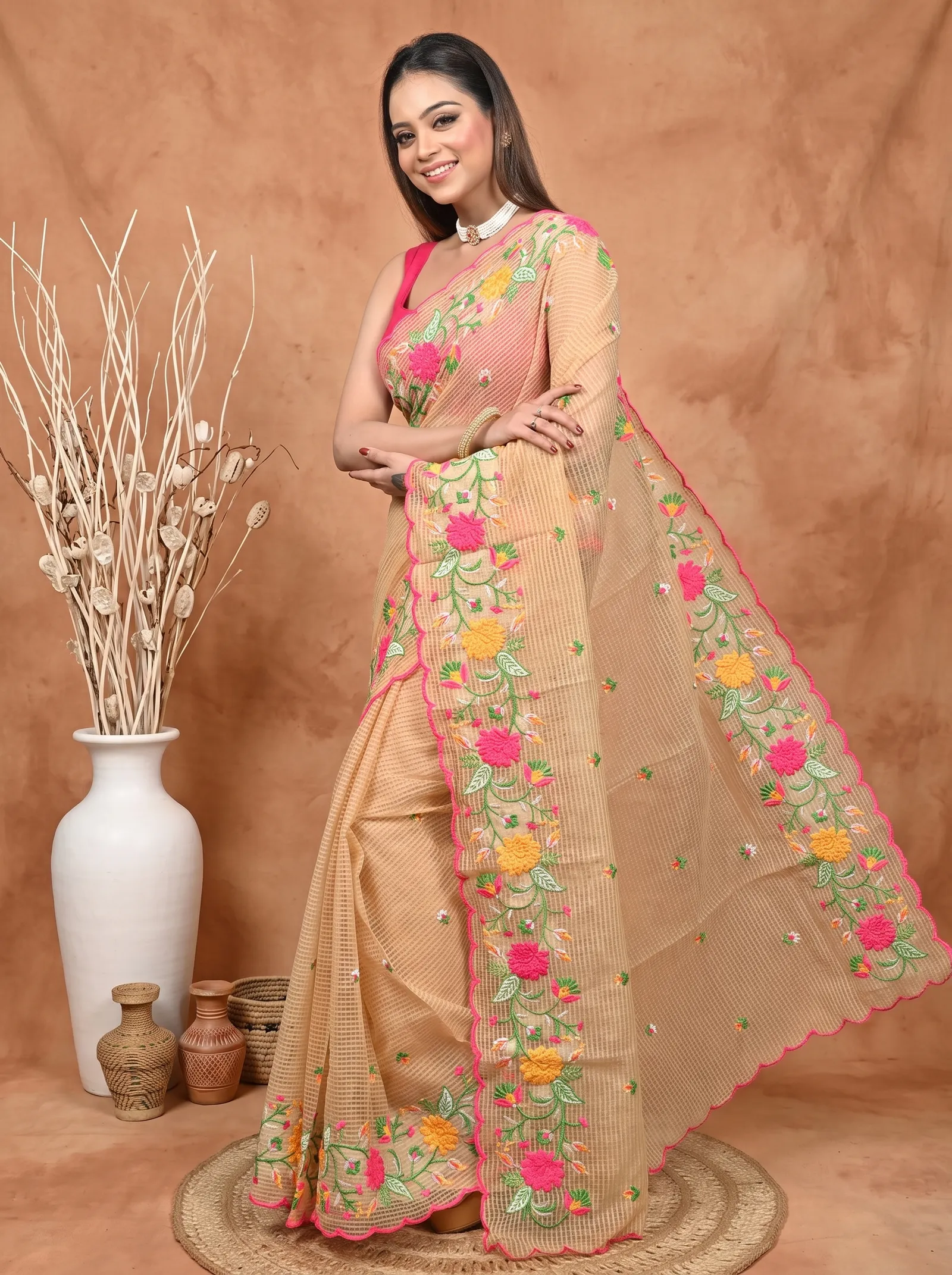DipDiya Pure Cotton  Traditional Bengali Brown Artisan Crafted Kotambo Kota Embroidery Saree