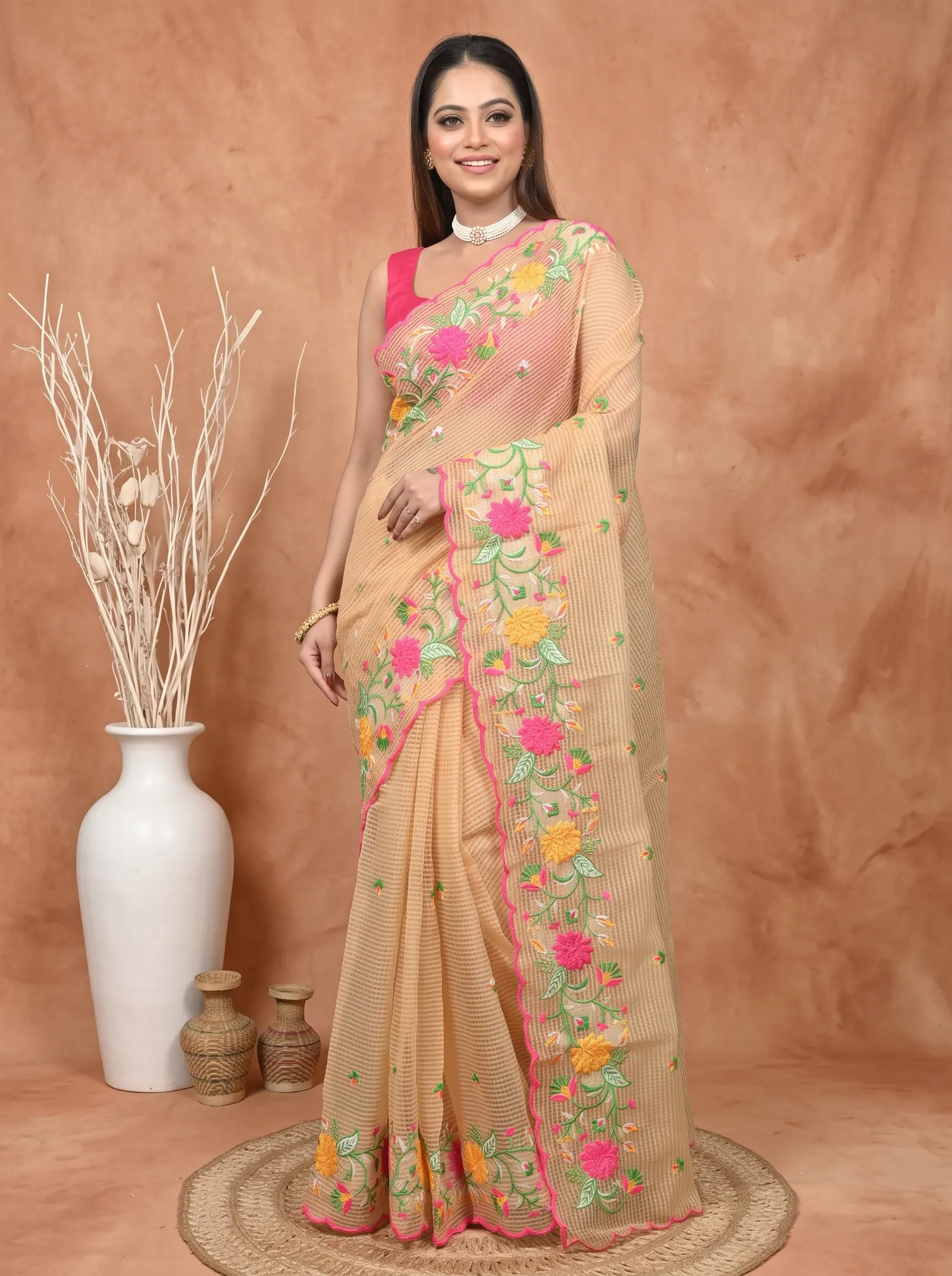 DipDiya Pure Cotton  Traditional Bengali Brown Artisan Crafted Kotambo Kota Embroidery Saree