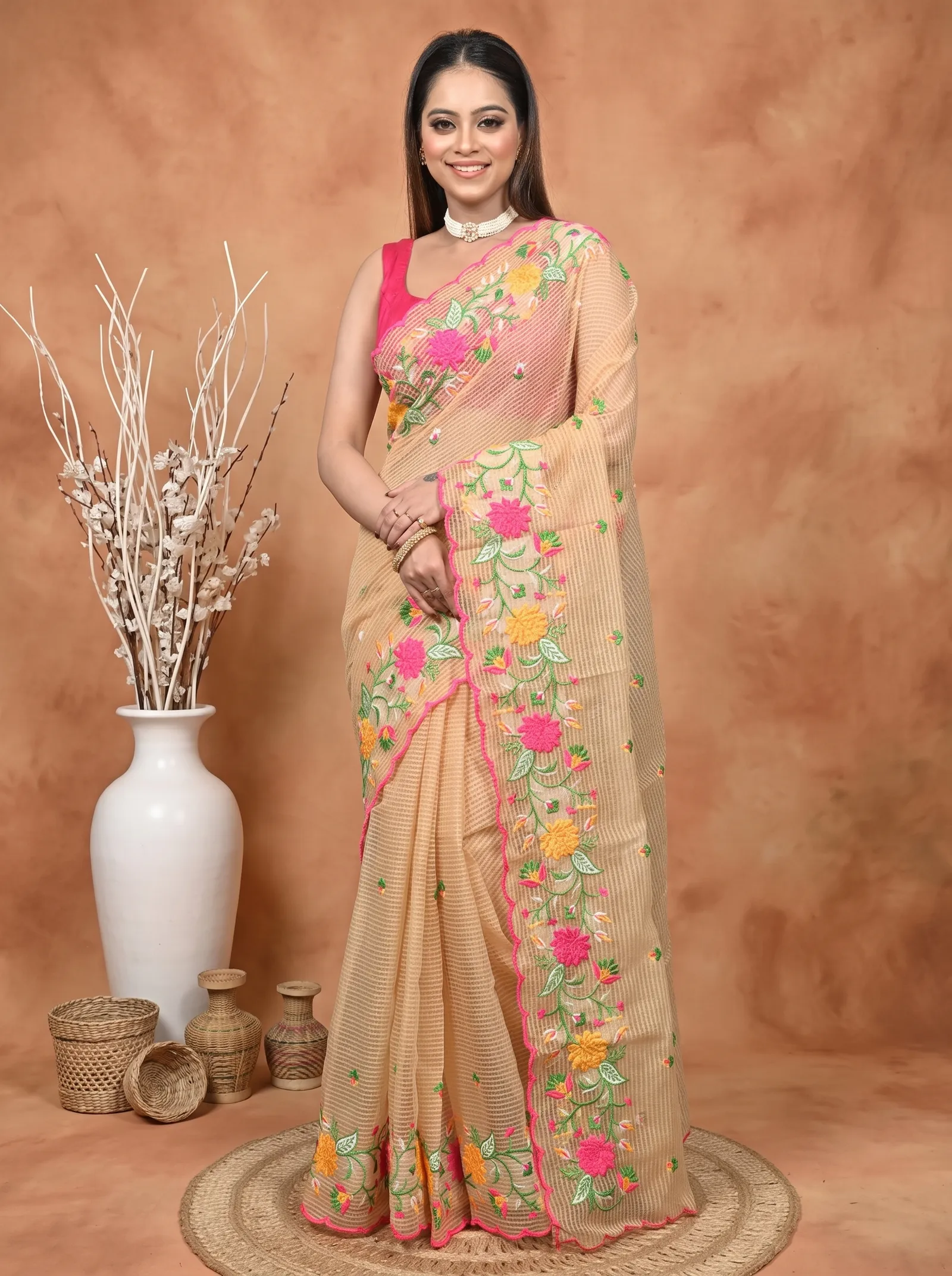 DipDiya Pure Cotton  Traditional Bengali Brown Artisan Crafted Kotambo Kota Embroidery Saree