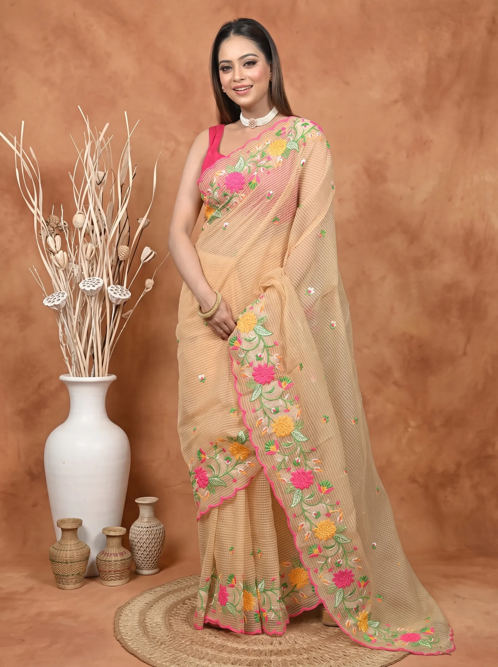 DipDiya Pure Cotton  Traditional Bengali Brown Artisan Crafted Kotambo Kota Embroidery Saree