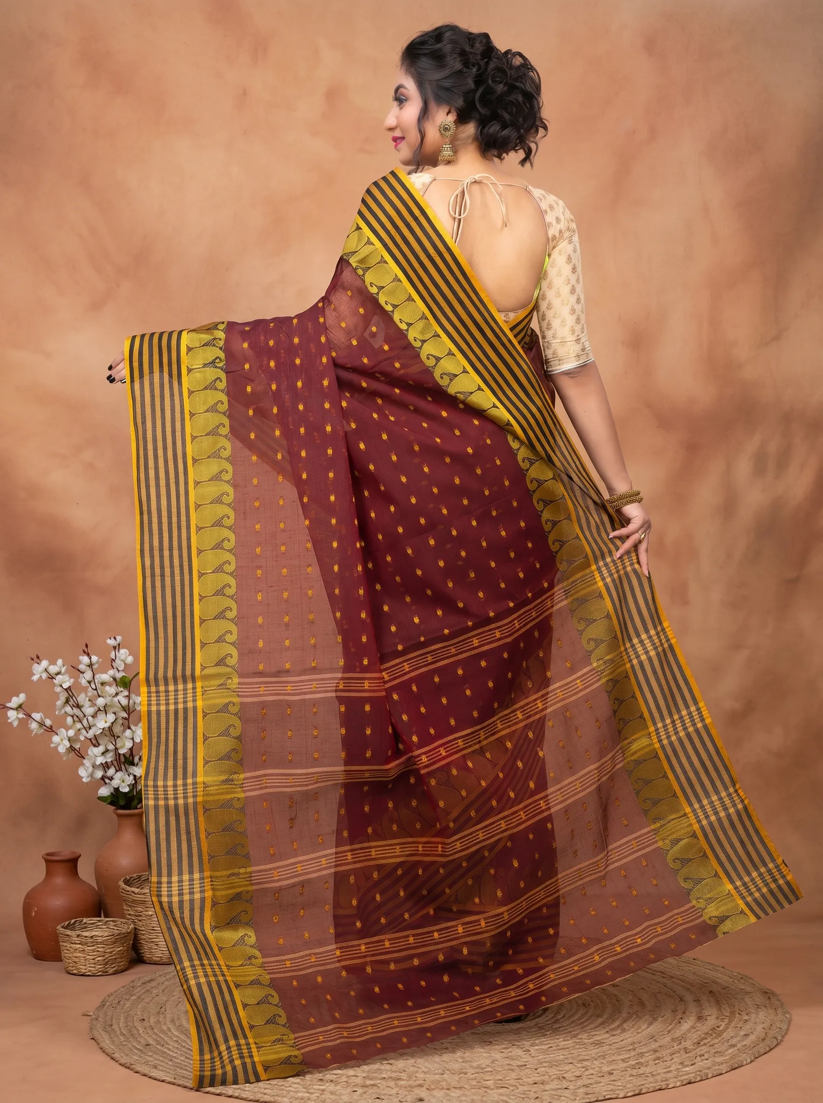 DipDiya Pure Cotton  Traditional Bengali Brown Artisan Crafted Moti Buti Tant Saree
