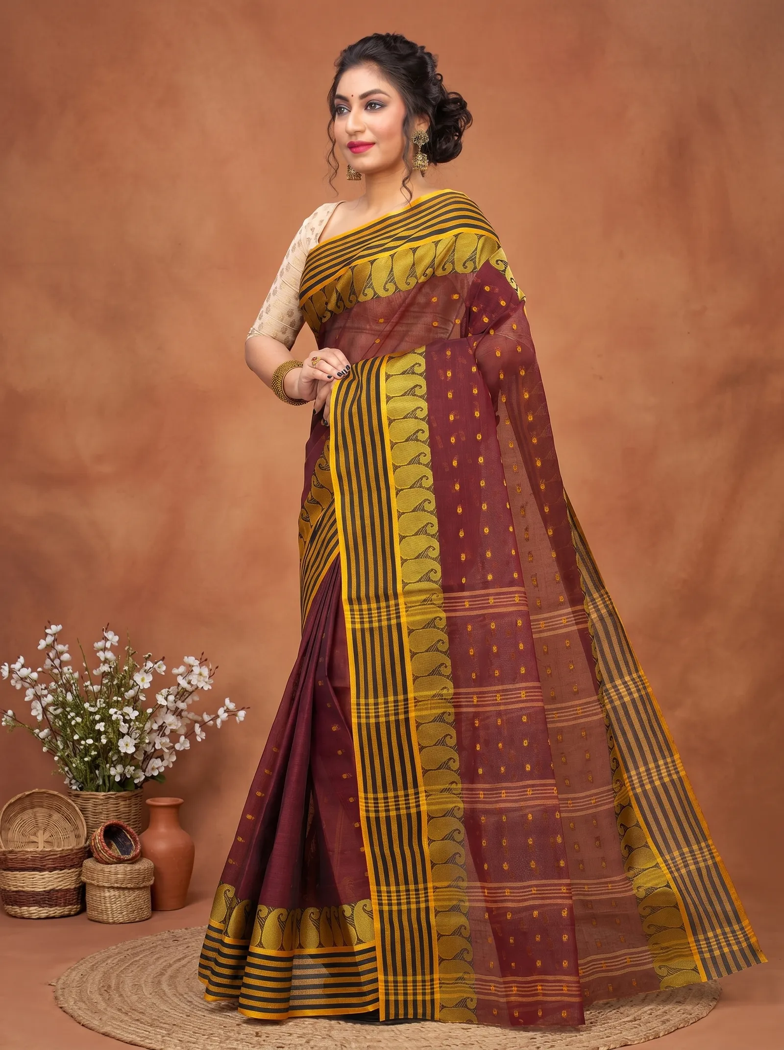 DipDiya Pure Cotton  Traditional Bengali Brown Artisan Crafted Moti Buti Tant Saree