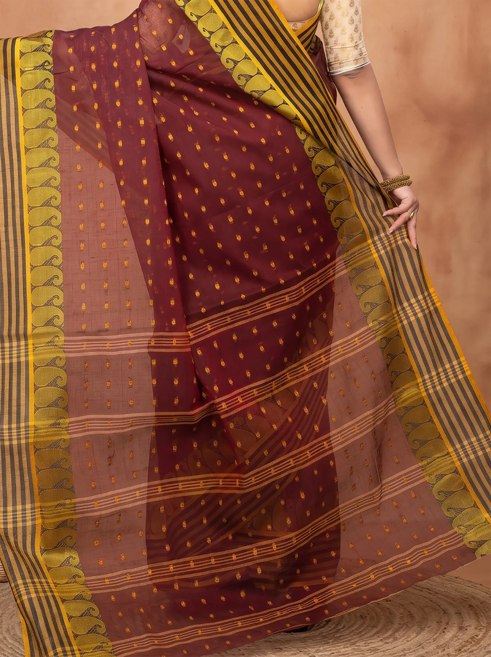DipDiya Pure Cotton  Traditional Bengali Brown Artisan Crafted Moti Buti Tant Saree