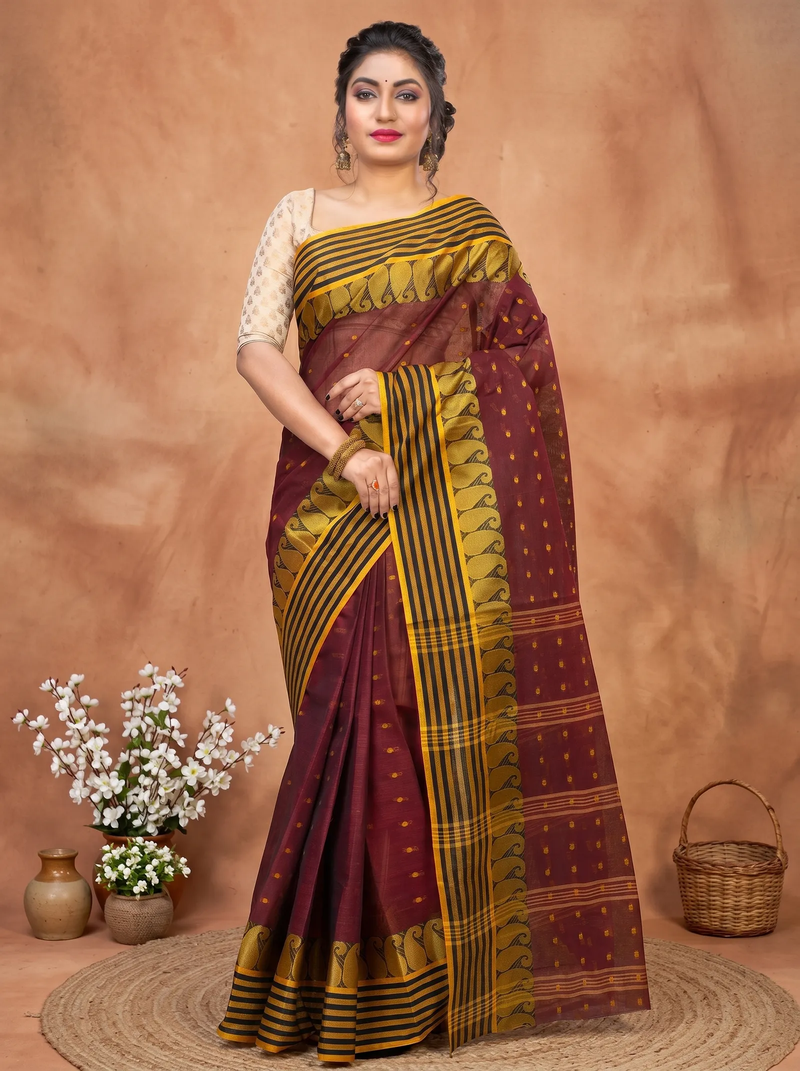 DipDiya Pure Cotton  Traditional Bengali Brown Artisan Crafted Moti Buti Tant Saree