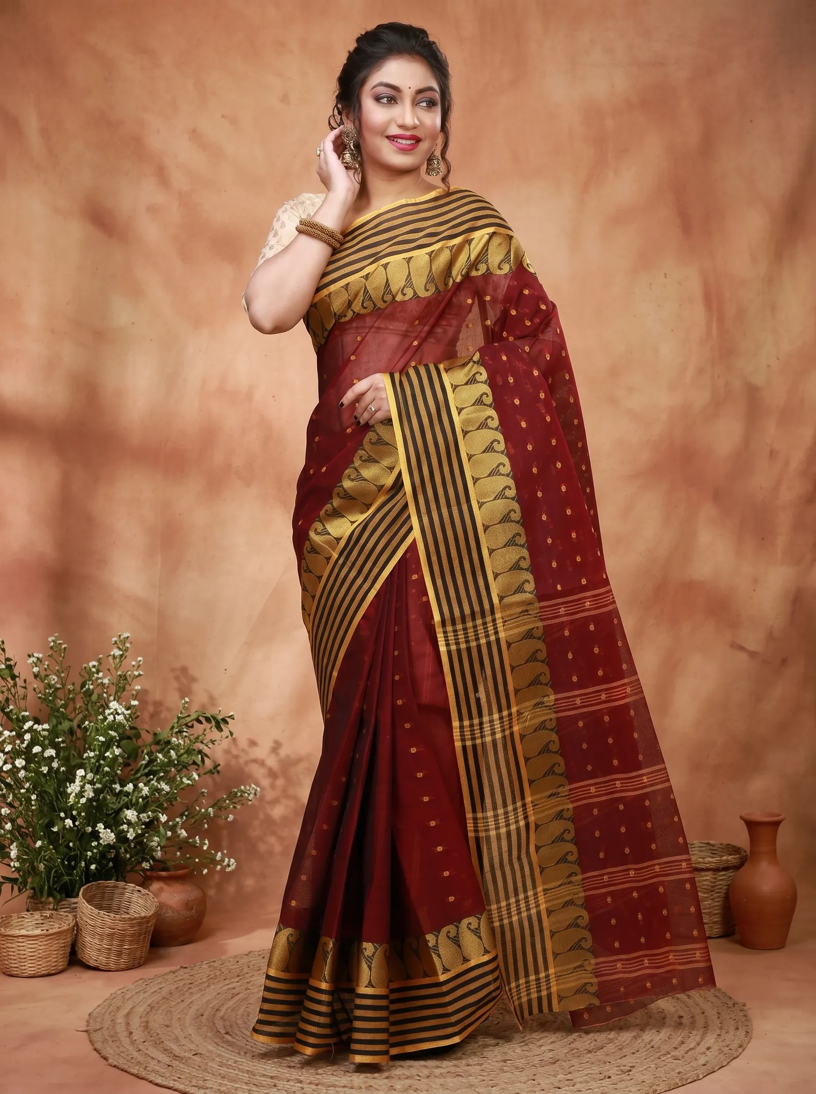 DipDiya Pure Cotton  Traditional Bengali Brown Artisan Crafted Moti Buti Tant Saree