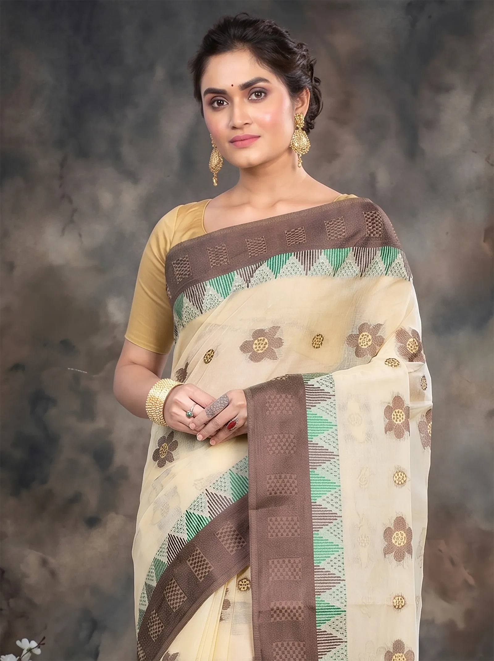 DipDiya Pure Cotton  Traditional Bengali Brown Artisan Crafted Palasful Tant Saree