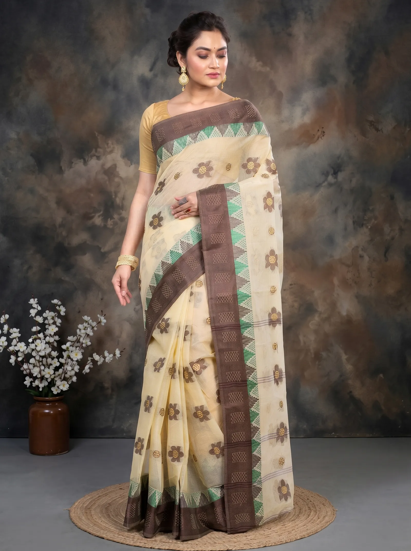 DipDiya Pure Cotton  Traditional Bengali Brown Artisan Crafted Palasful Tant Saree