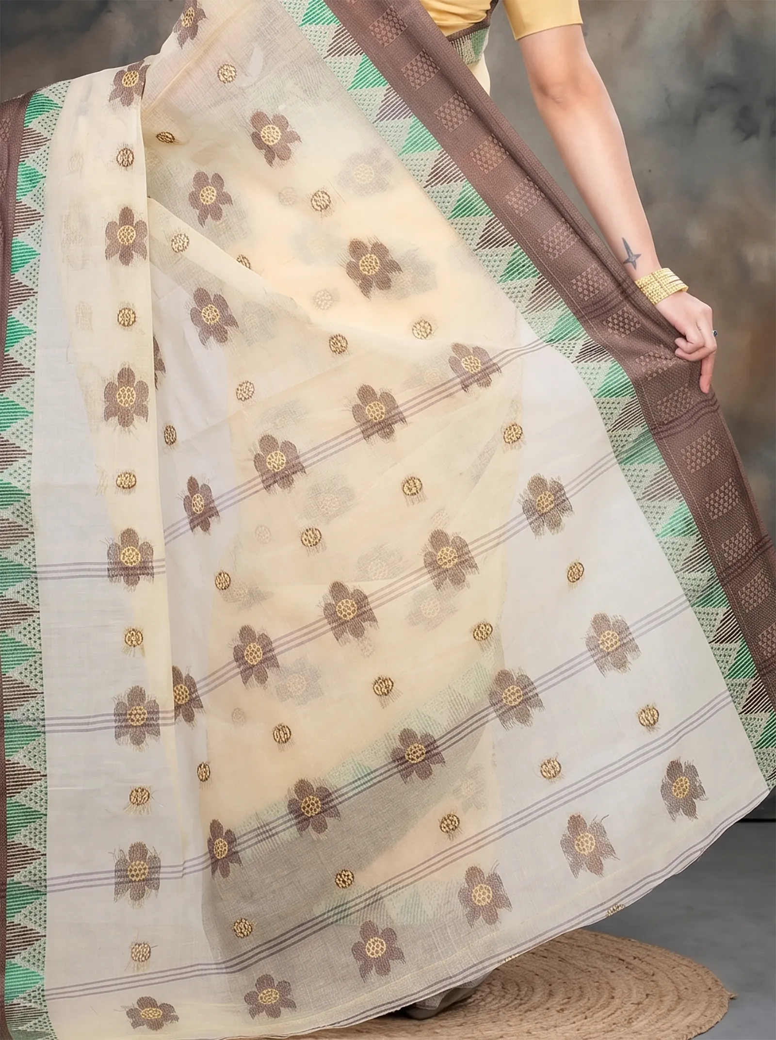 DipDiya Pure Cotton  Traditional Bengali Brown Artisan Crafted Palasful Tant Saree