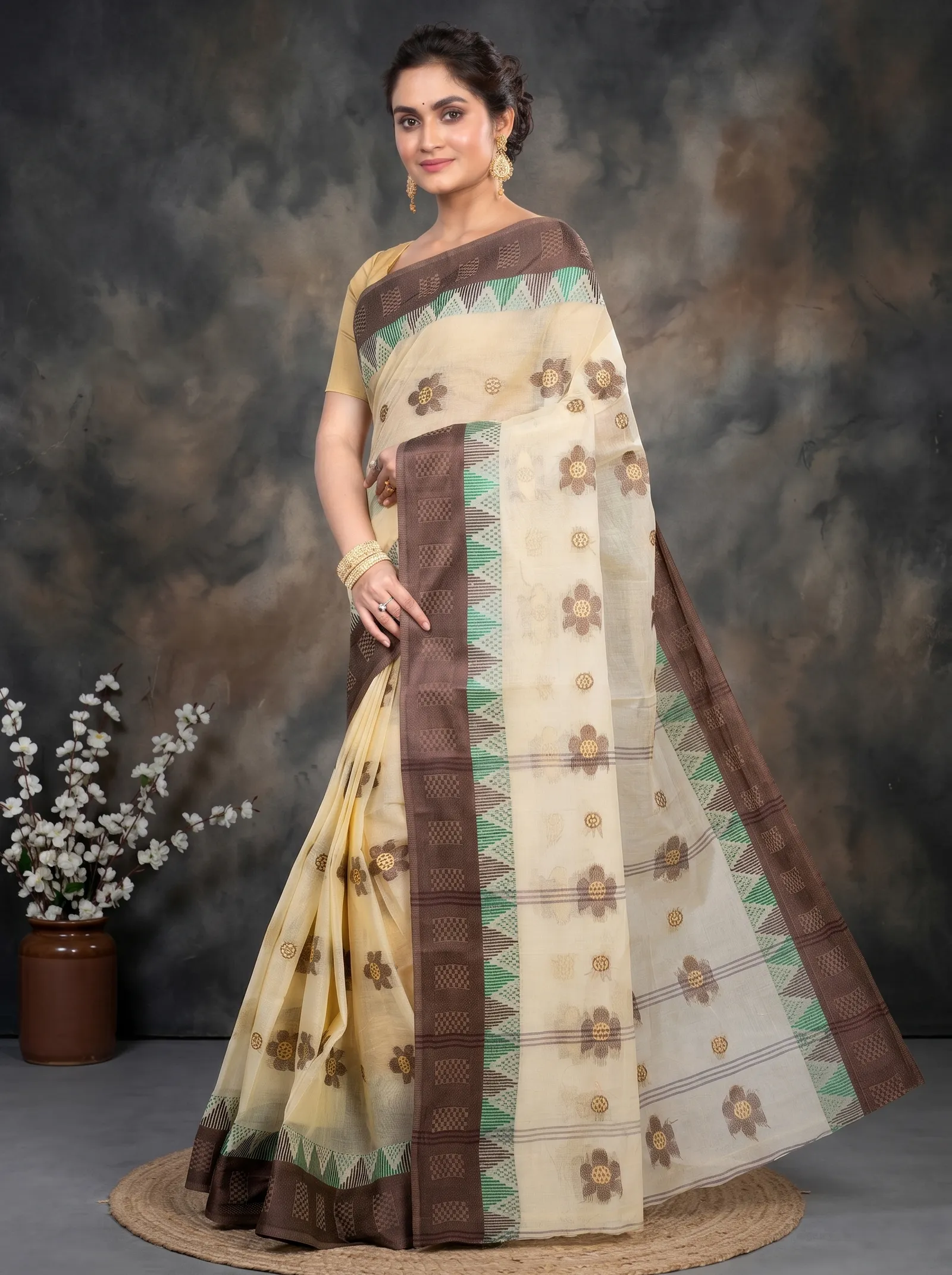 DipDiya Pure Cotton  Traditional Bengali Brown Artisan Crafted Palasful Tant Saree