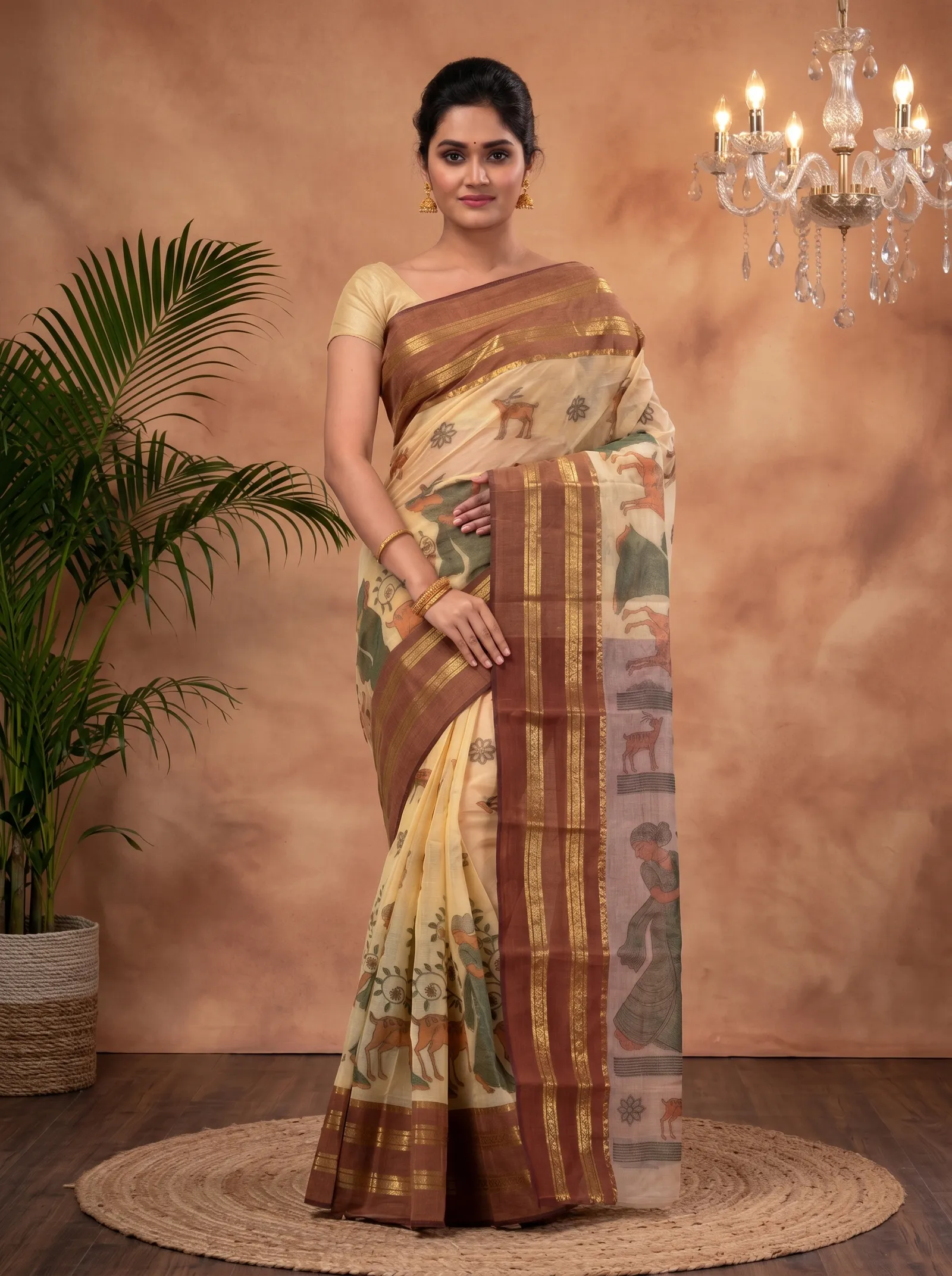 DipDiya Pure Cotton  Traditional Bengali Brown Artisan Crafted Sakuntala Printed Tant Saree
