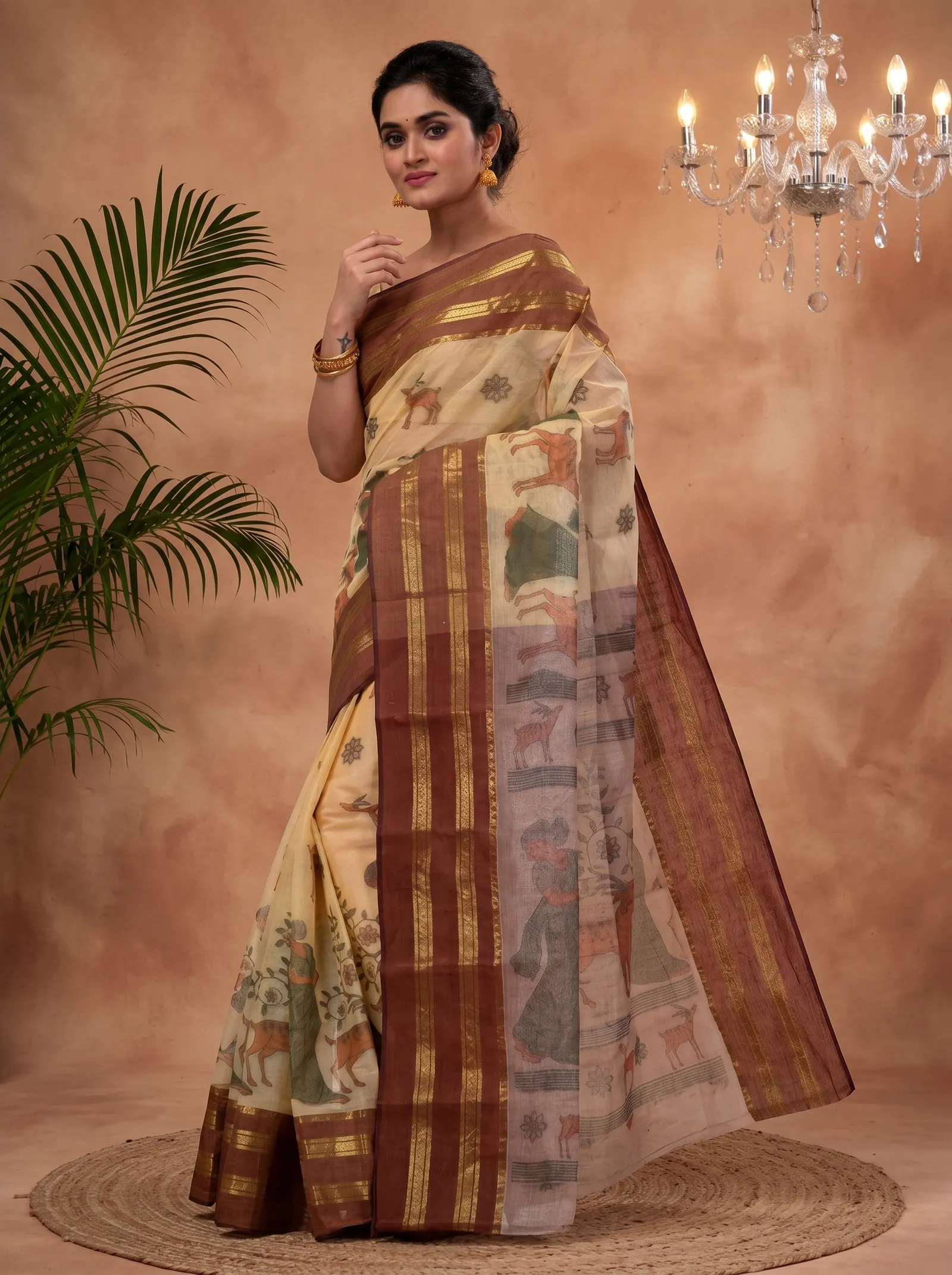 DipDiya Pure Cotton  Traditional Bengali Brown Artisan Crafted Sakuntala Printed Tant Saree