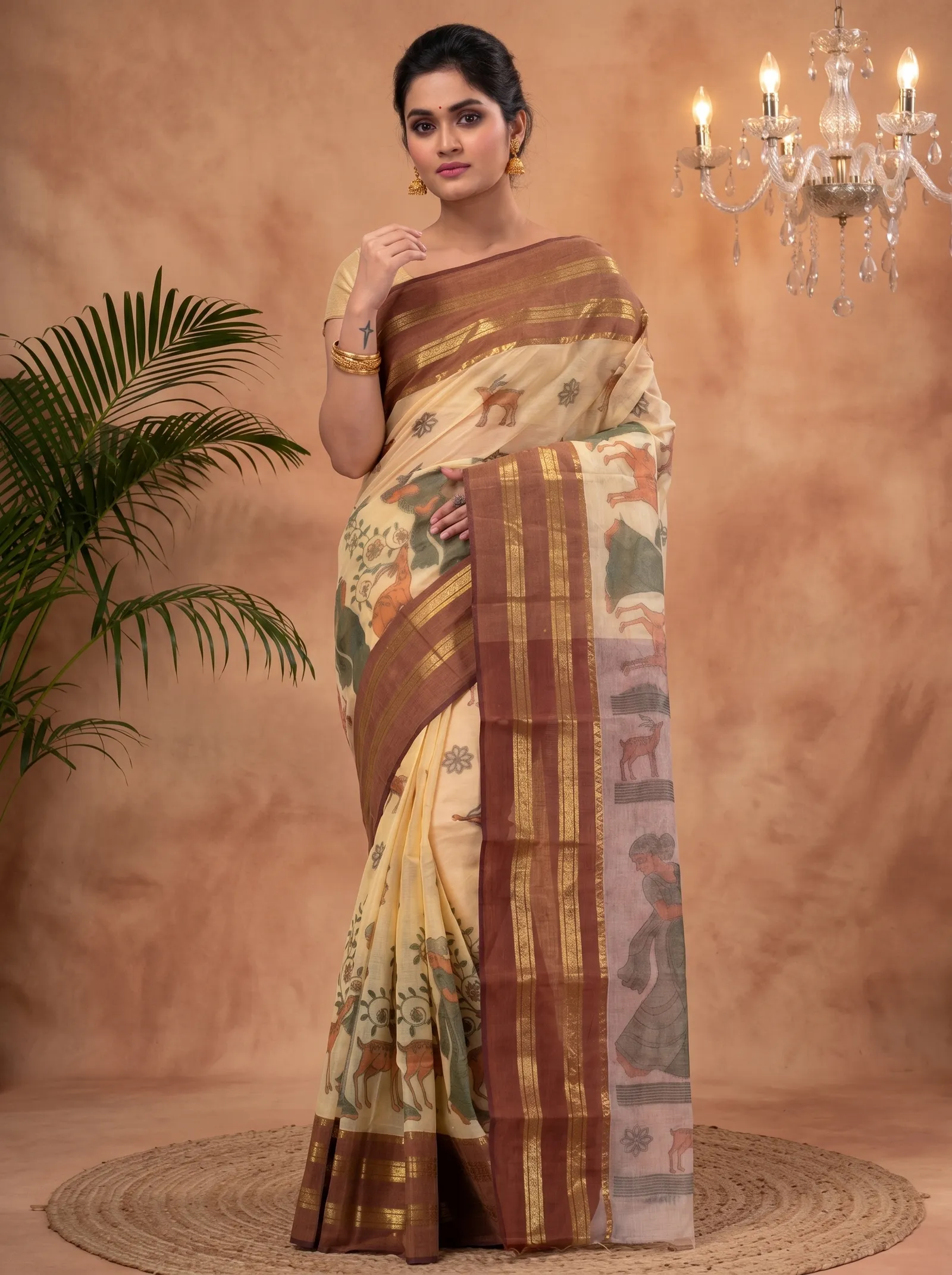 DipDiya Pure Cotton  Traditional Bengali Brown Artisan Crafted Sakuntala Printed Tant Saree