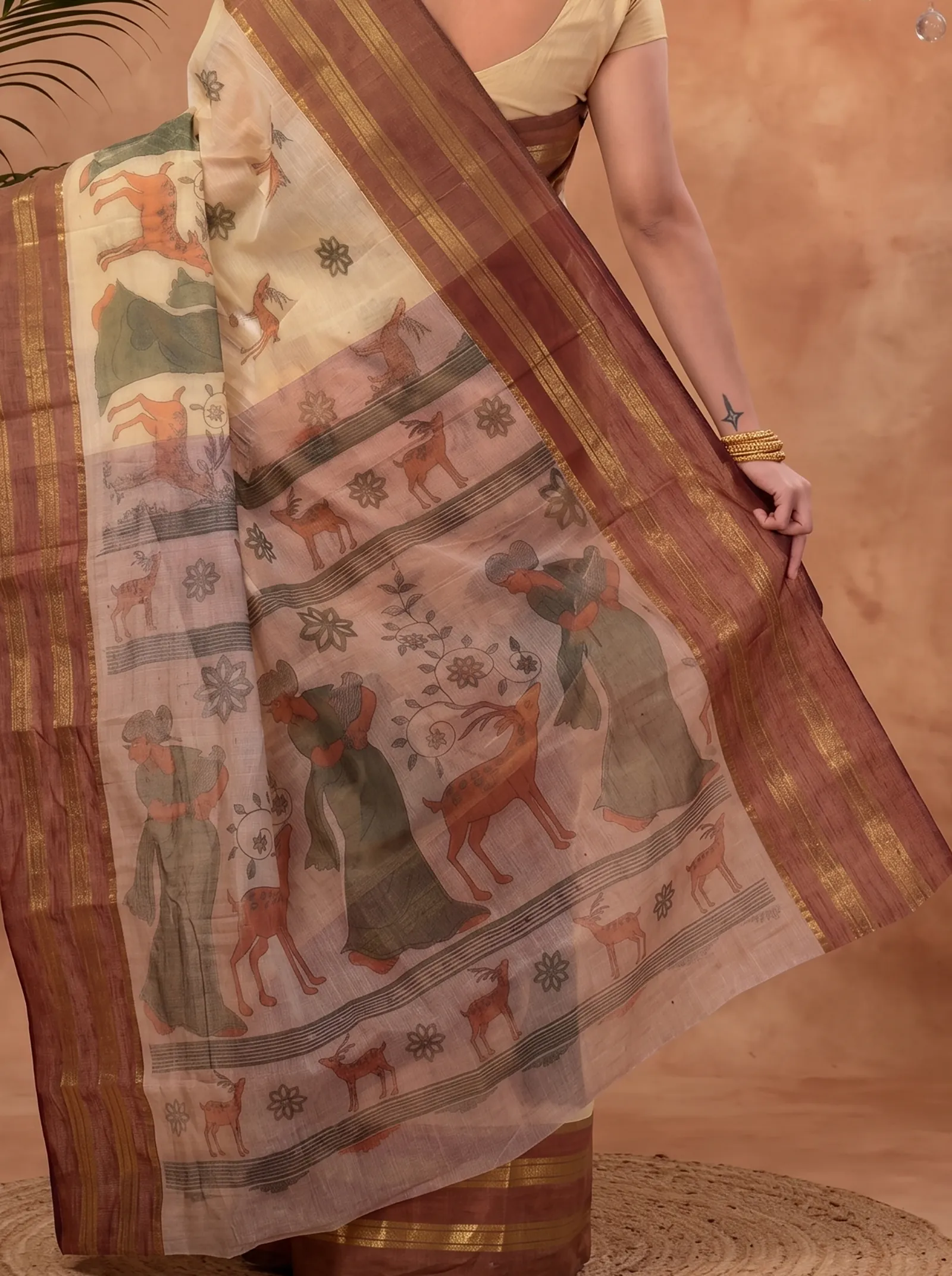 DipDiya Pure Cotton  Traditional Bengali Brown Artisan Crafted Sakuntala Printed Tant Saree