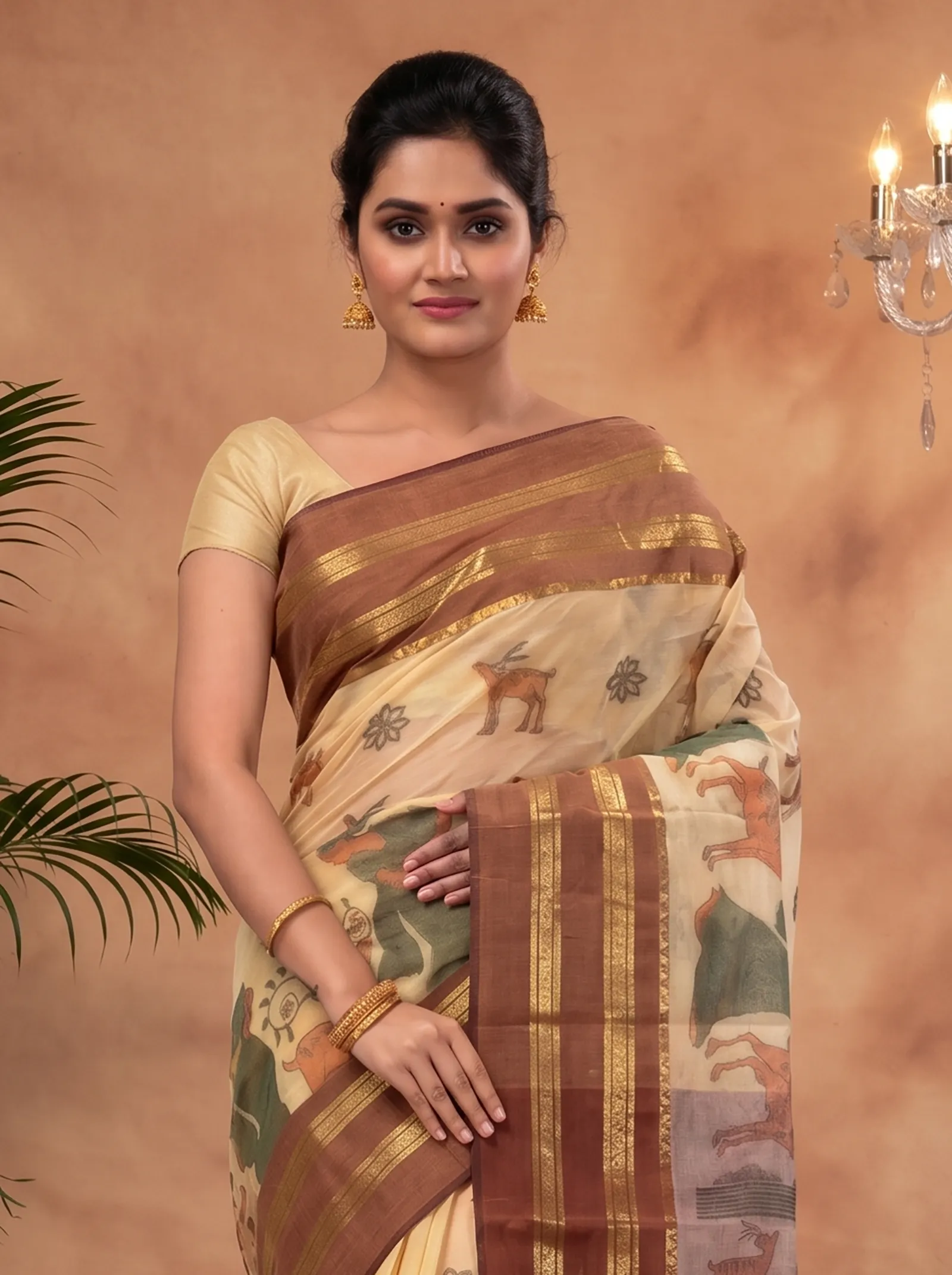 DipDiya Pure Cotton  Traditional Bengali Brown Artisan Crafted Sakuntala Printed Tant Saree