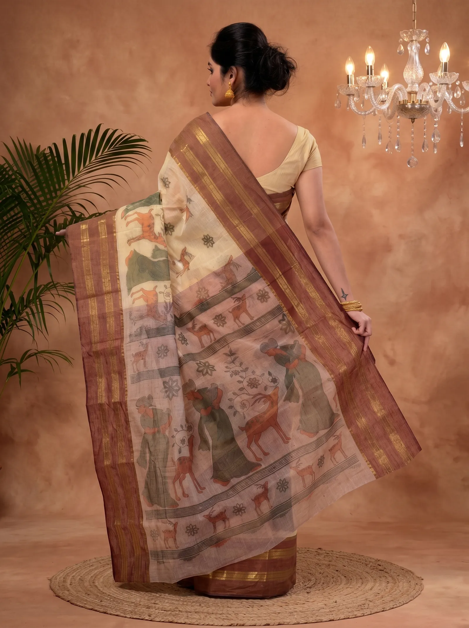 DipDiya Pure Cotton  Traditional Bengali Brown Artisan Crafted Sakuntala Printed Tant Saree