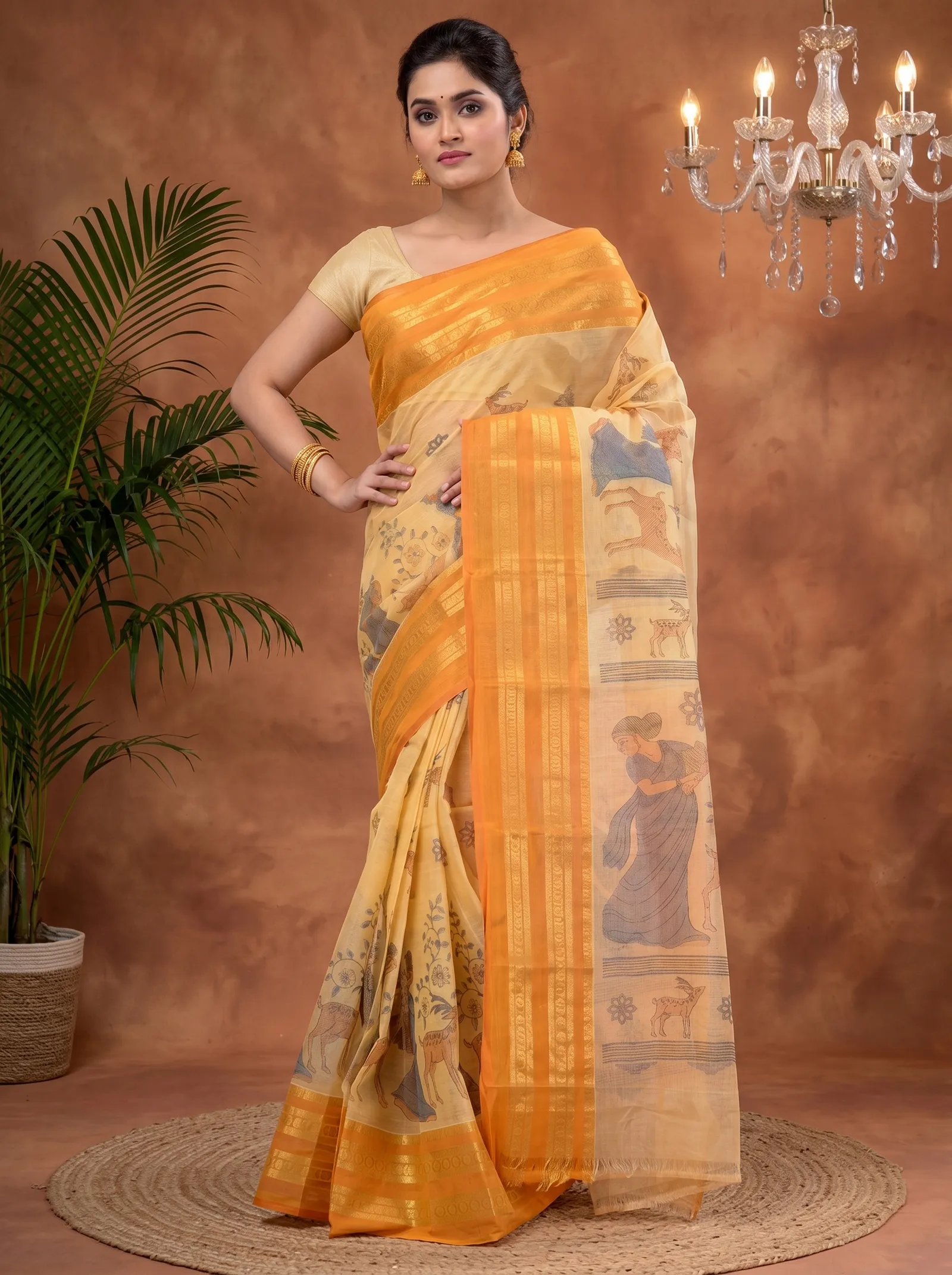 DipDiya Pure Cotton  Traditional Bengali Brown Artisan Crafted Sakuntalaa Printed Tant Saree