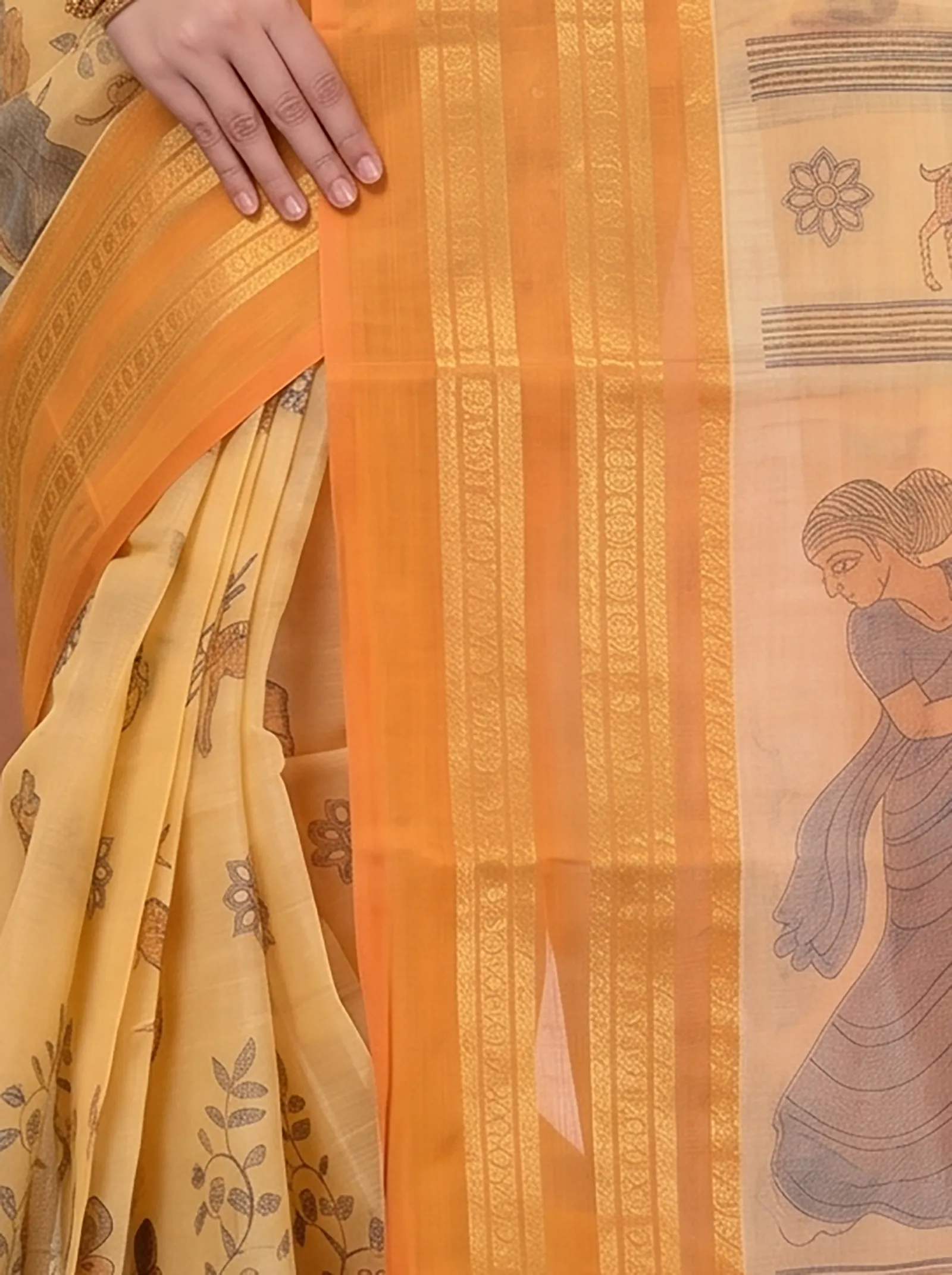 DipDiya Pure Cotton  Traditional Bengali Brown Artisan Crafted Sakuntalaa Printed Tant Saree