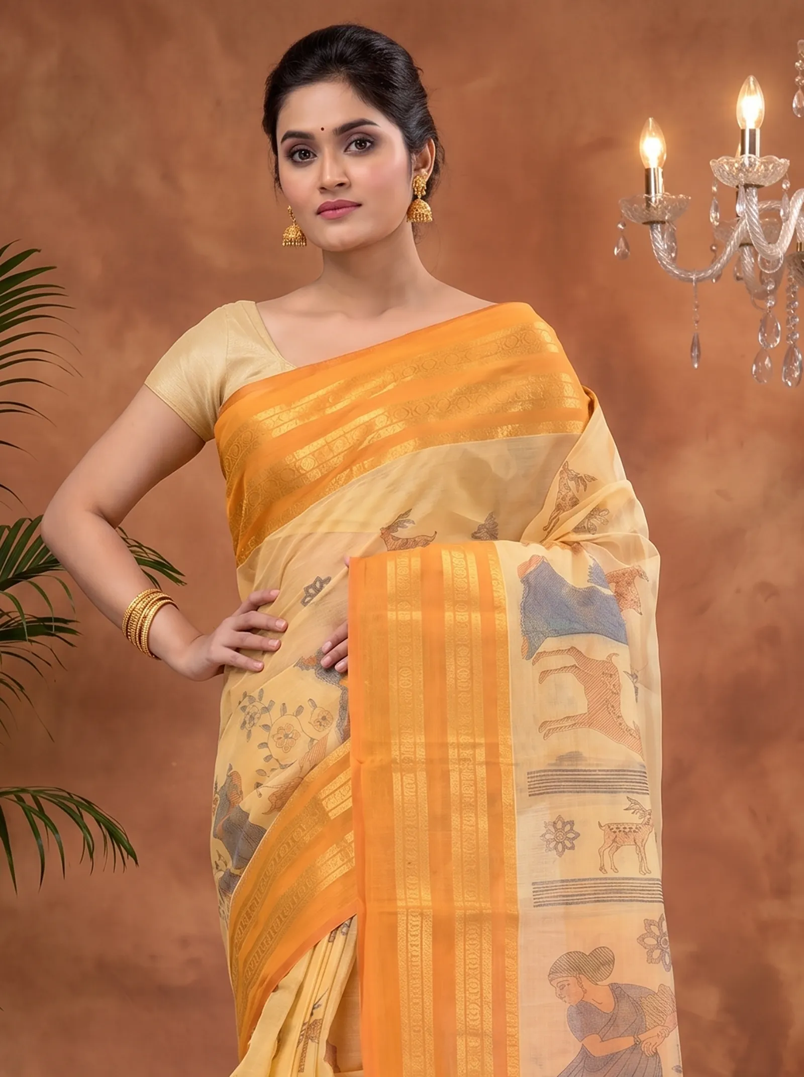 DipDiya Pure Cotton  Traditional Bengali Brown Artisan Crafted Sakuntalaa Printed Tant Saree
